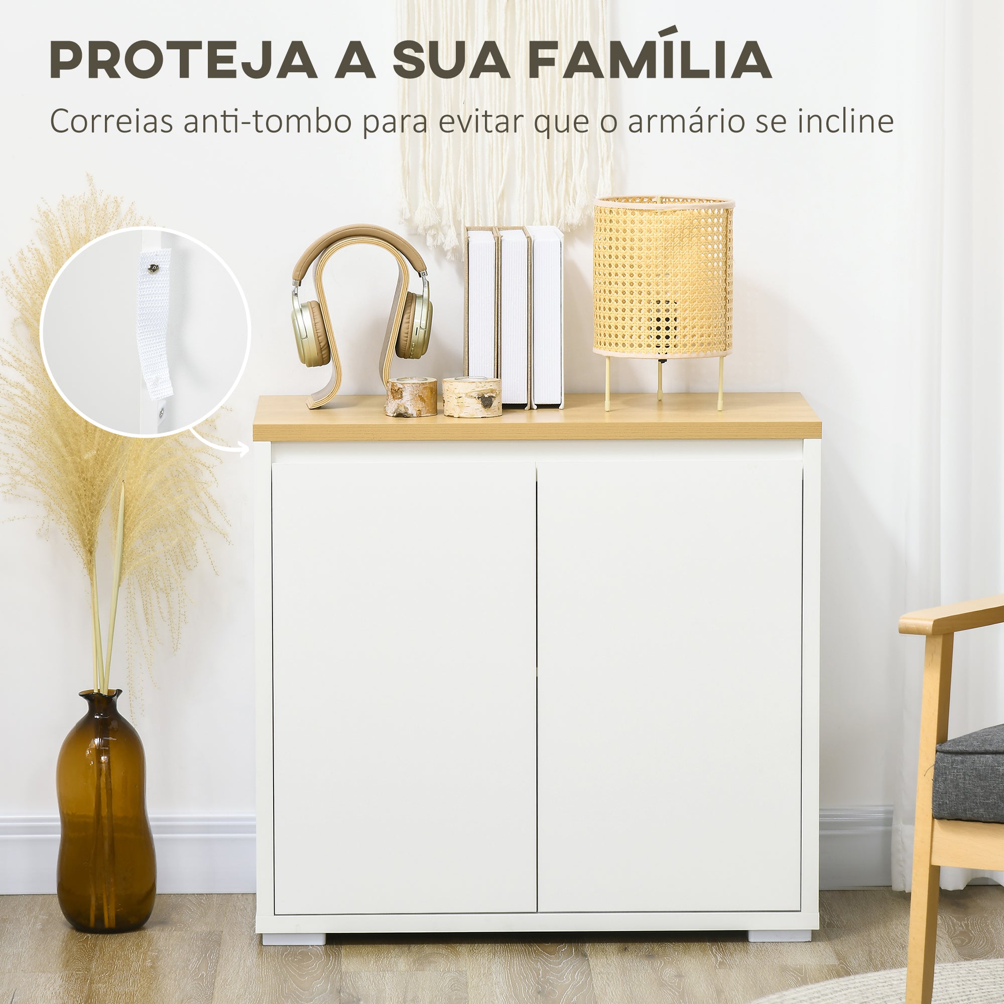 Aparador de Sala de Estar Branco e Madeira 80x37x75 cm