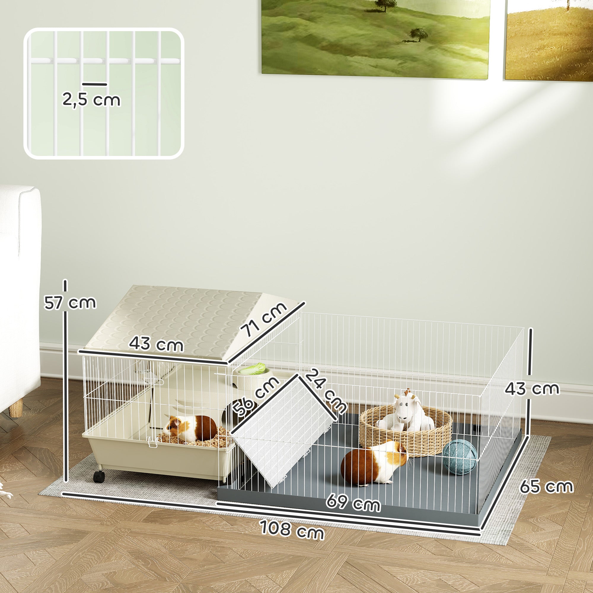 Gaiola para Animais Pequenos com Parque Desmontável 108x71x57 cm - Bege