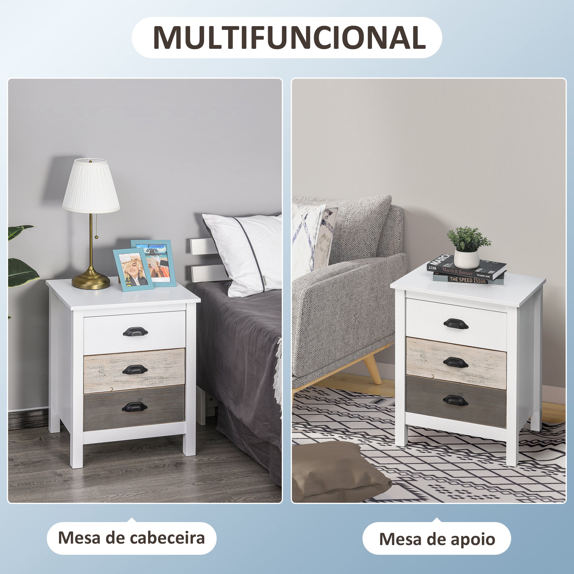 Mesa de Cabeceira Moderna 3 Gavetas 50x38x65 cm Multicor