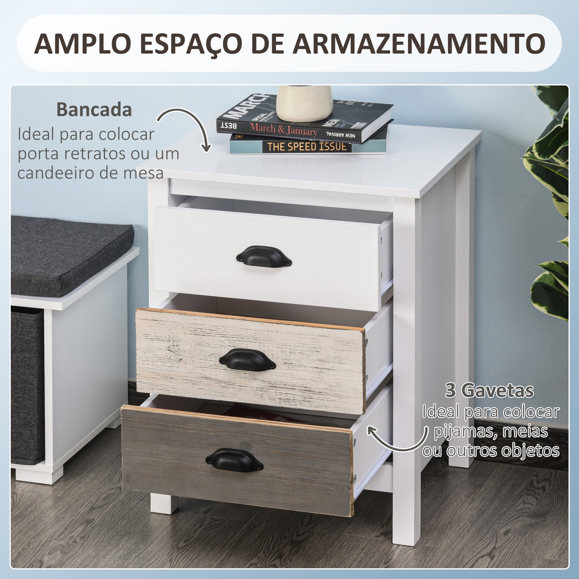 Mesa de Cabeceira Moderna 3 Gavetas 50x38x65 cm Multicor