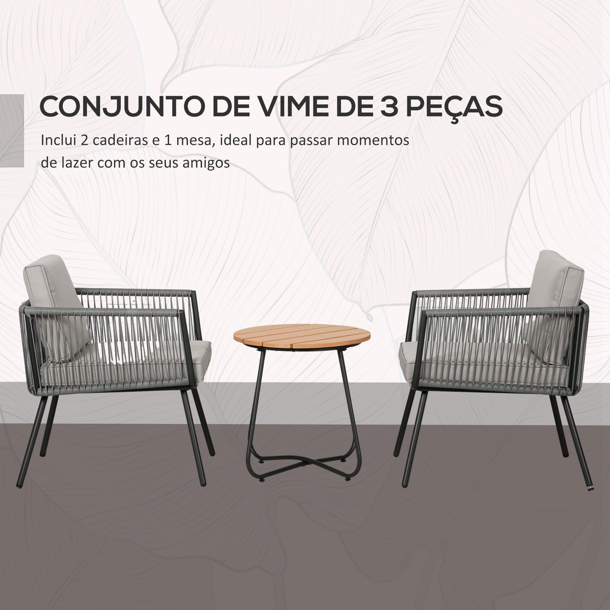 Conjunto de Móveis de Jardim 3 Peças Cinzento 61x64x64 cm - Poltronas e Mesa