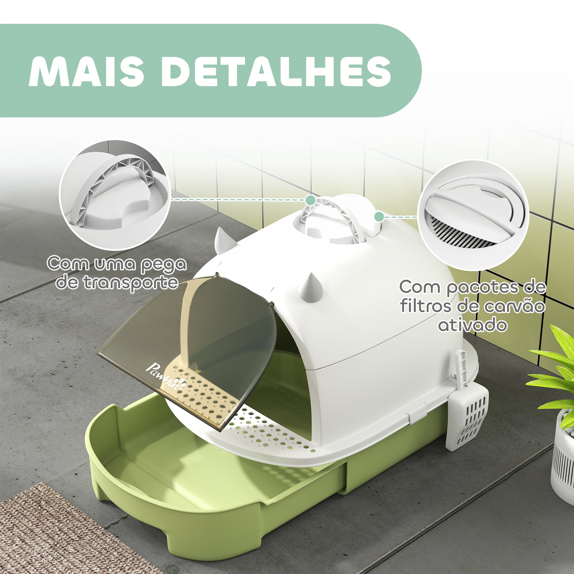 Caixa de Areia para Gatos Fechada com Tampa e Bandeja Amovíveis – 40,5x52x39 cm – Verde – Polipropileno