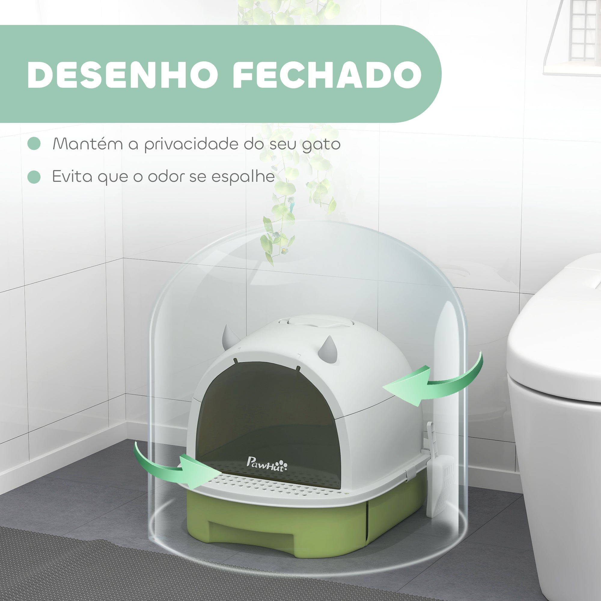 Caixa de Areia para Gatos Fechada com Tampa e Bandeja Amovíveis – 40,5x52x39 cm – Verde – Polipropileno