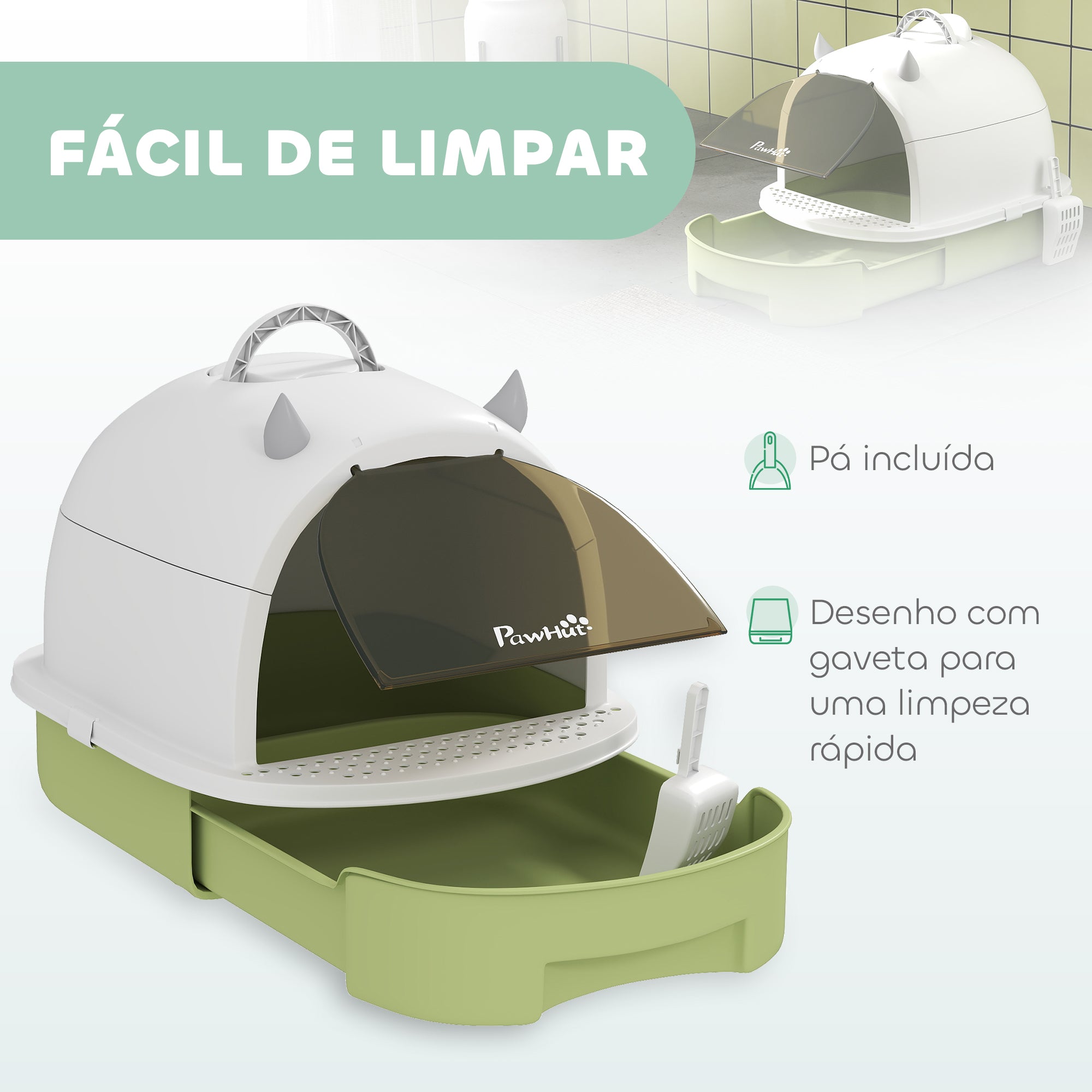 Caixa de Areia para Gatos Fechada com Tampa e Bandeja Amovíveis – 40,5x52x39 cm – Verde – Polipropileno