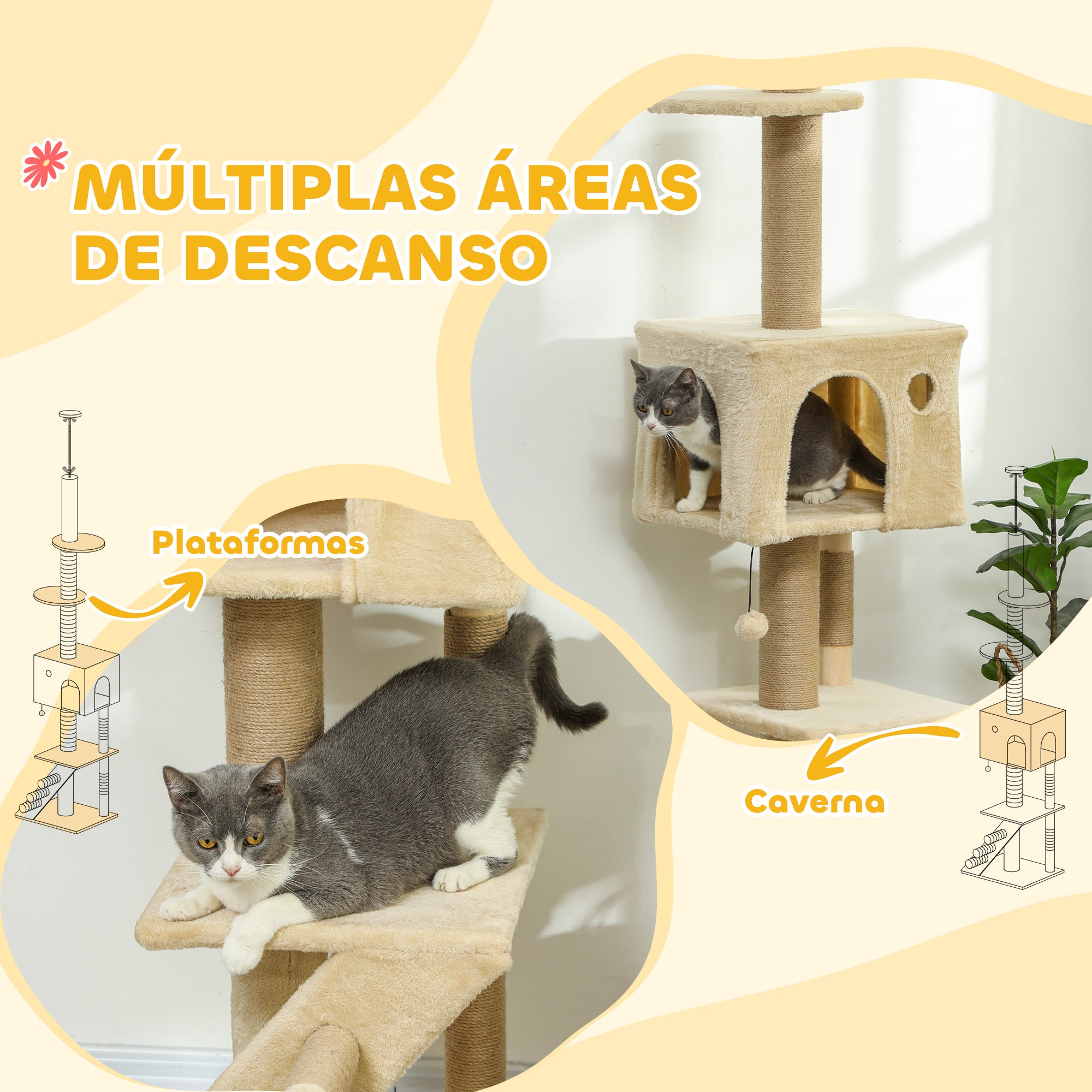 Arranhador para Gatos Bege 48x40x225-265 cm - Centro de Atividades Vertical