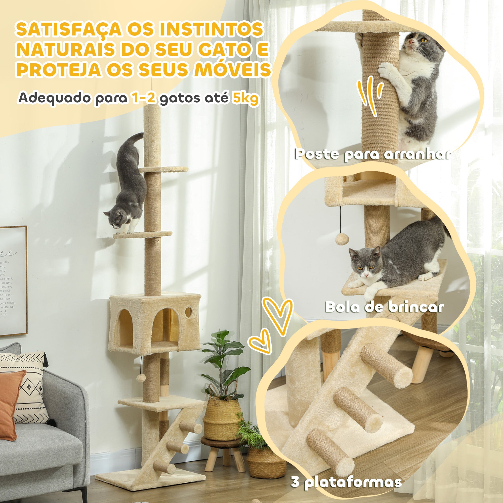 Arranhador para Gatos Bege 48x40x225-265 cm - Centro de Atividades Vertical