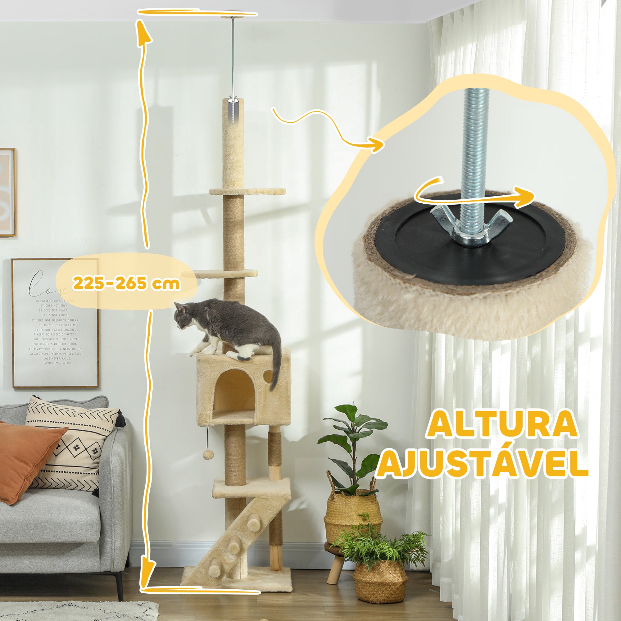 Arranhador para Gatos Bege 48x40x225-265 cm - Centro de Atividades Vertical