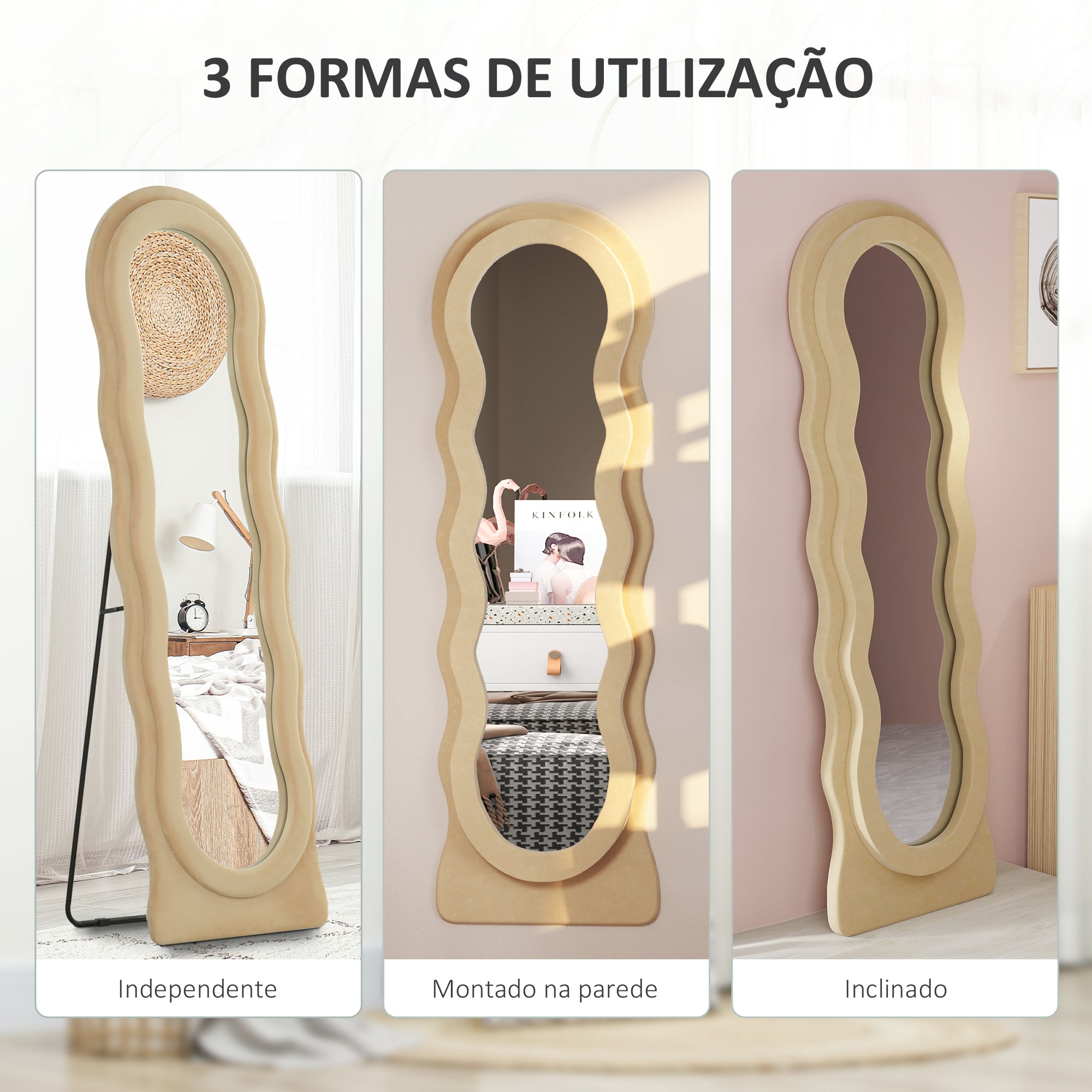 Espelho de Pé 50x160 cm Bege - Design Assimétrico em Veludo