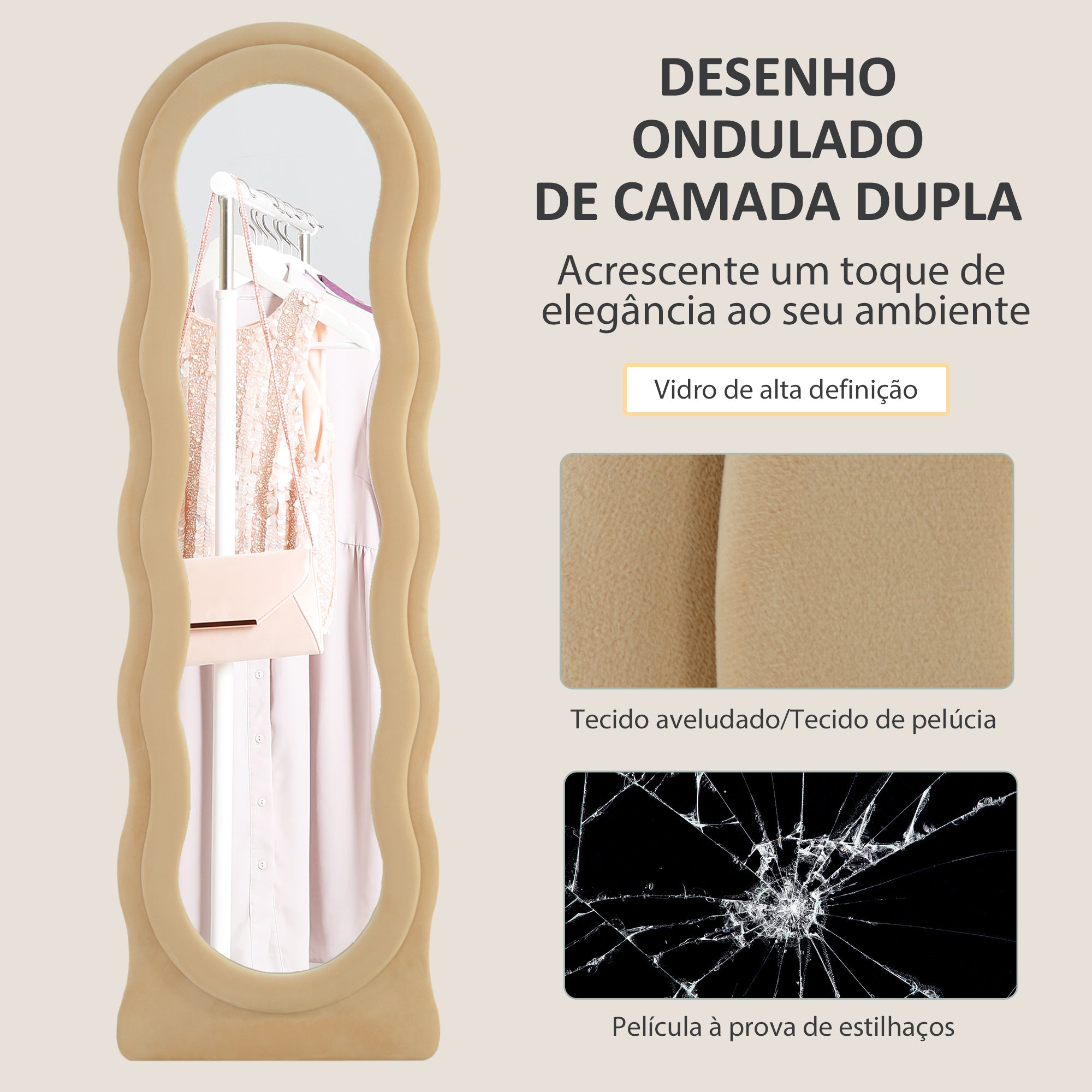 Espelho de Pé 50x160 cm Bege - Design Assimétrico em Veludo
