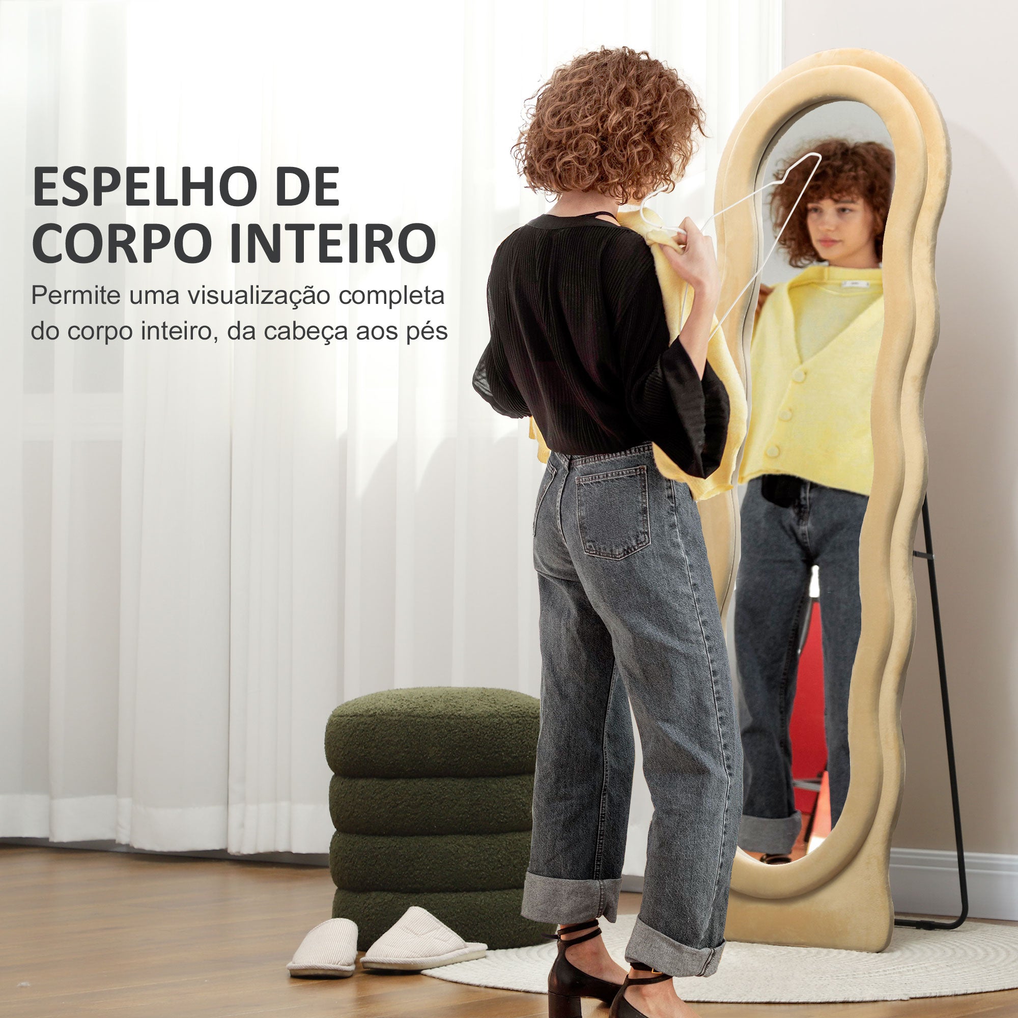 Espelho de Pé 50x160 cm Bege - Design Assimétrico em Veludo