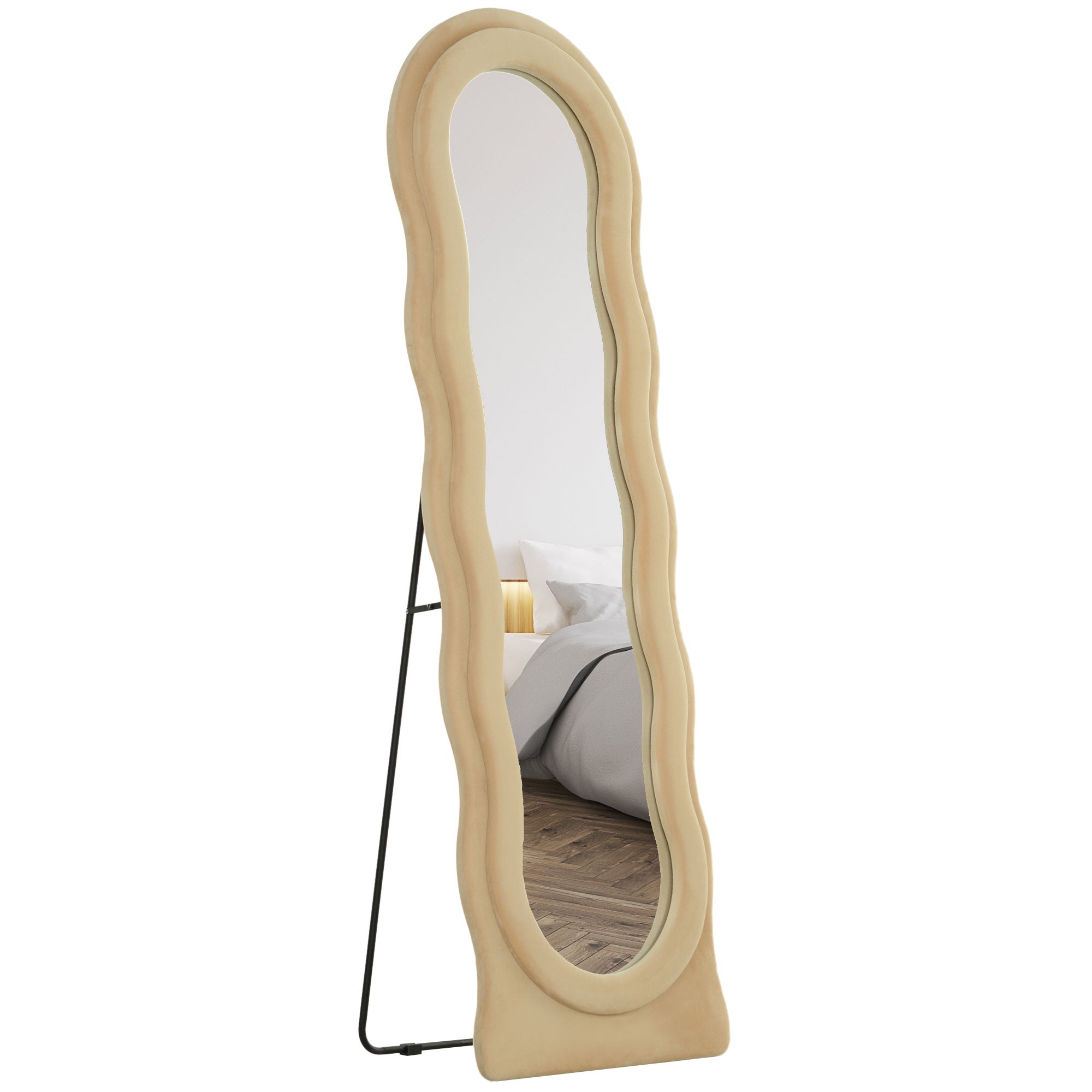 Espelho de Pé 50x160 cm Bege - Design Assimétrico em Veludo