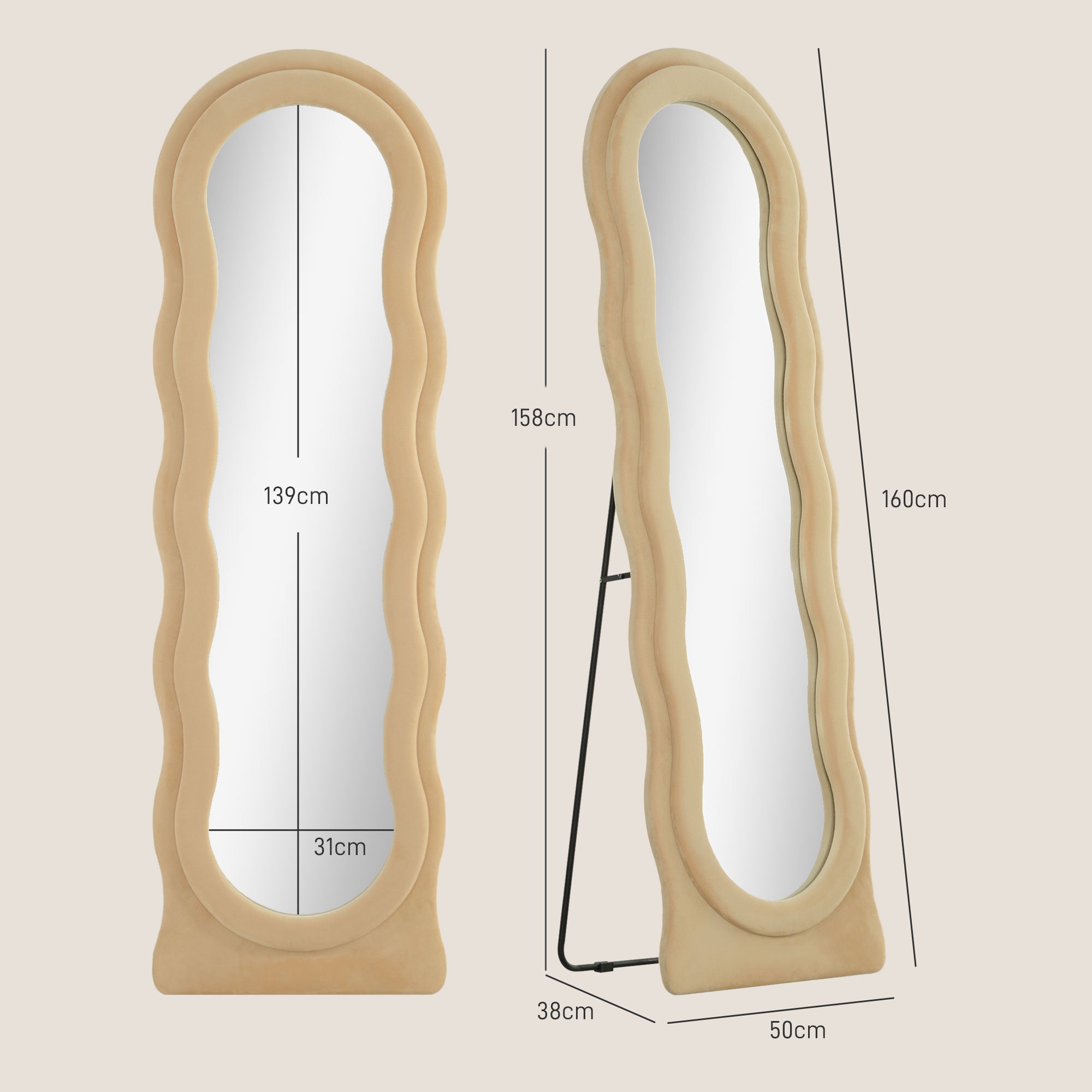 Espelho de Pé 50x160 cm Bege - Design Assimétrico em Veludo