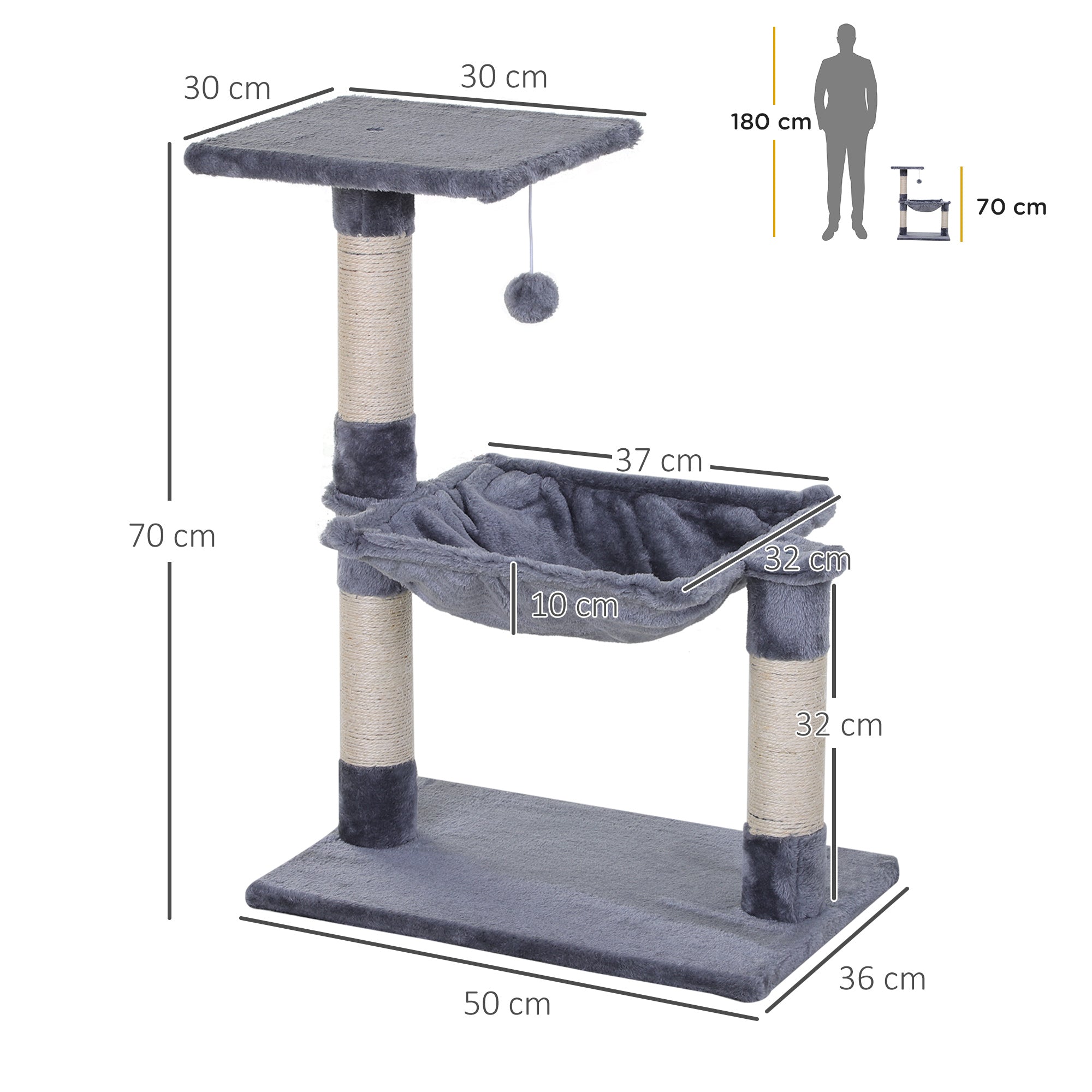 Arranhador para Gatos Cinza 50x36x70 cm - Centro de Atividades com Rede e Plataforma
