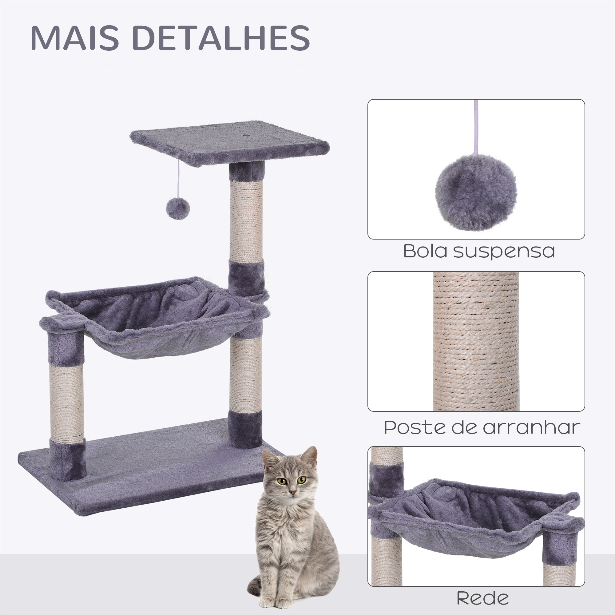 Arranhador para Gatos Cinza 50x36x70 cm - Centro de Atividades com Rede e Plataforma