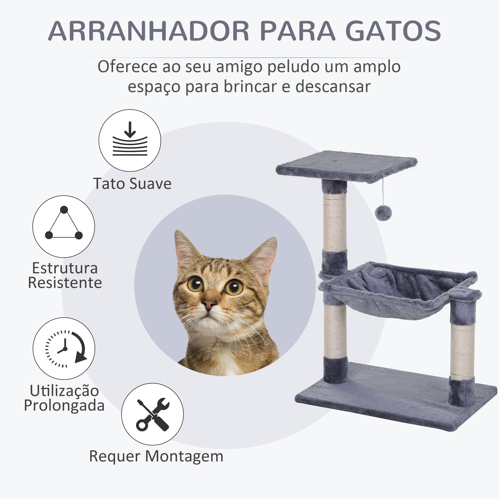 Arranhador para Gatos Cinza 50x36x70 cm - Centro de Atividades com Rede e Plataforma