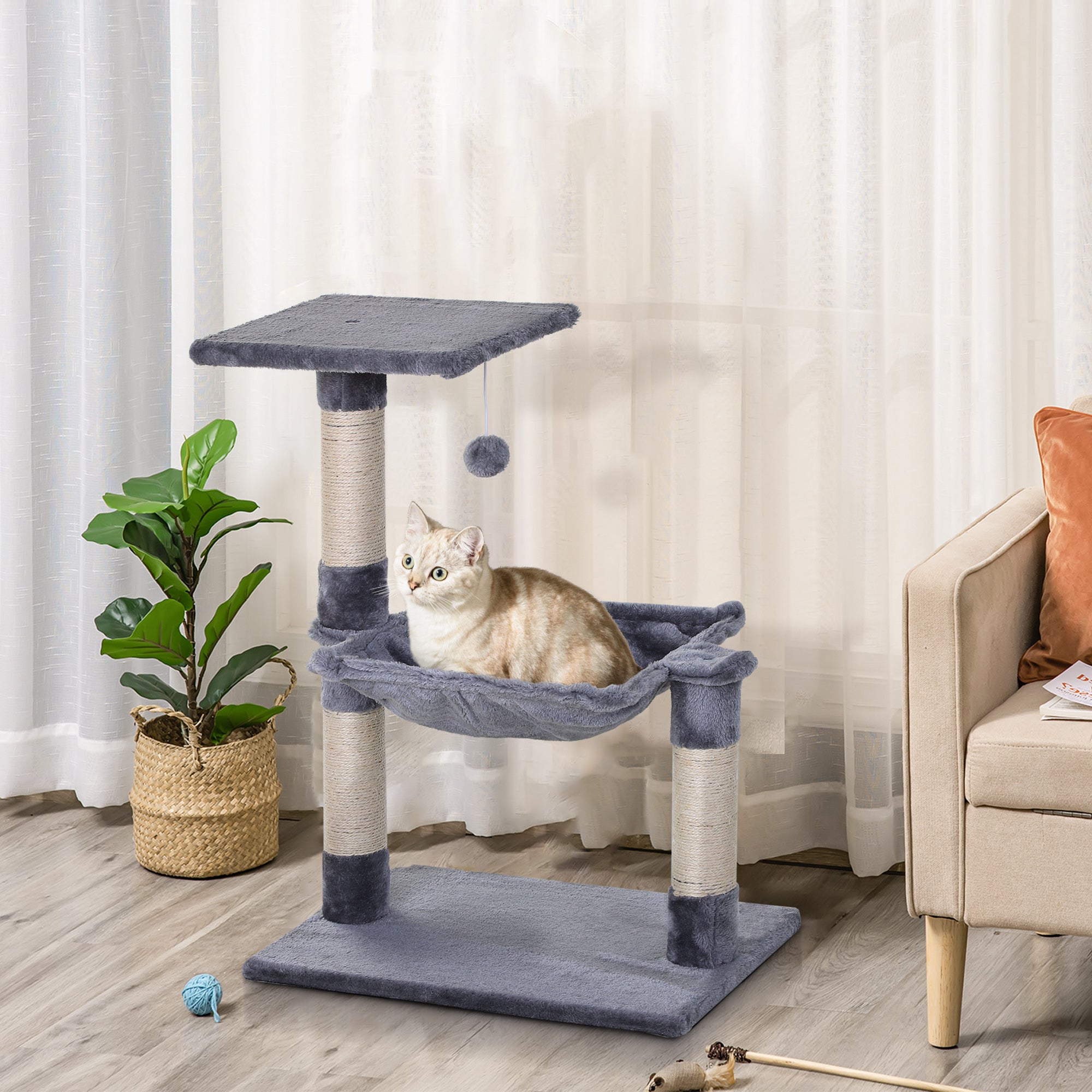 Arranhador para Gatos Cinza 50x36x70 cm - Centro de Atividades com Rede e Plataforma