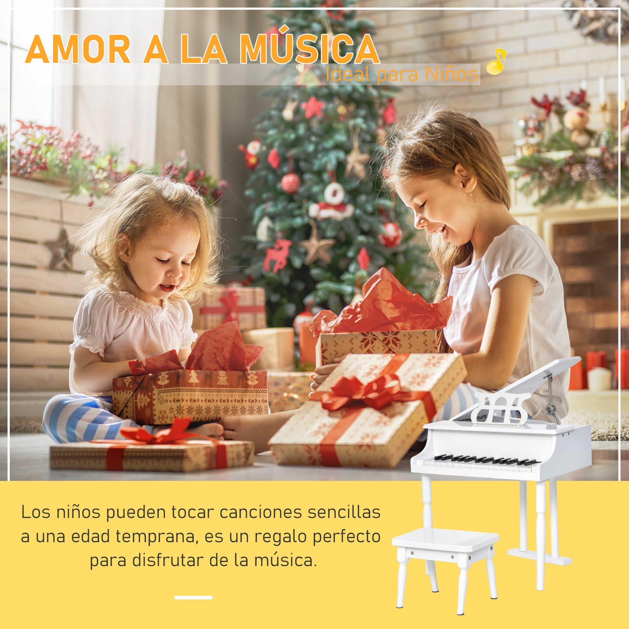 Piano de Cauda Infantil 52x50x49cm Branco - Instrumento Musical Educativo