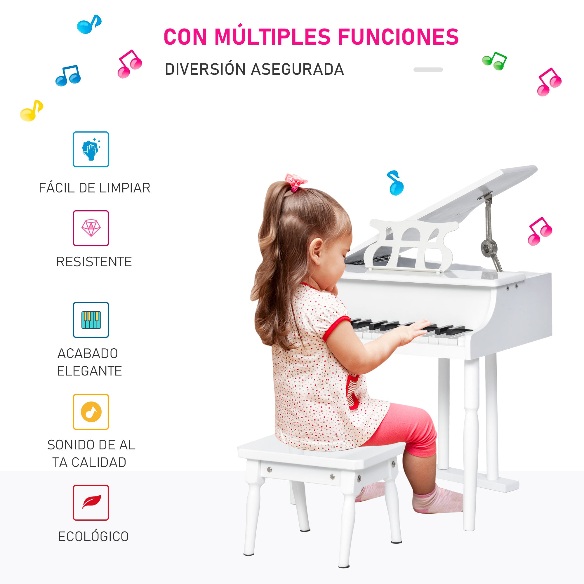 Piano de Cauda Infantil 52x50x49cm Branco - Instrumento Musical Educativo