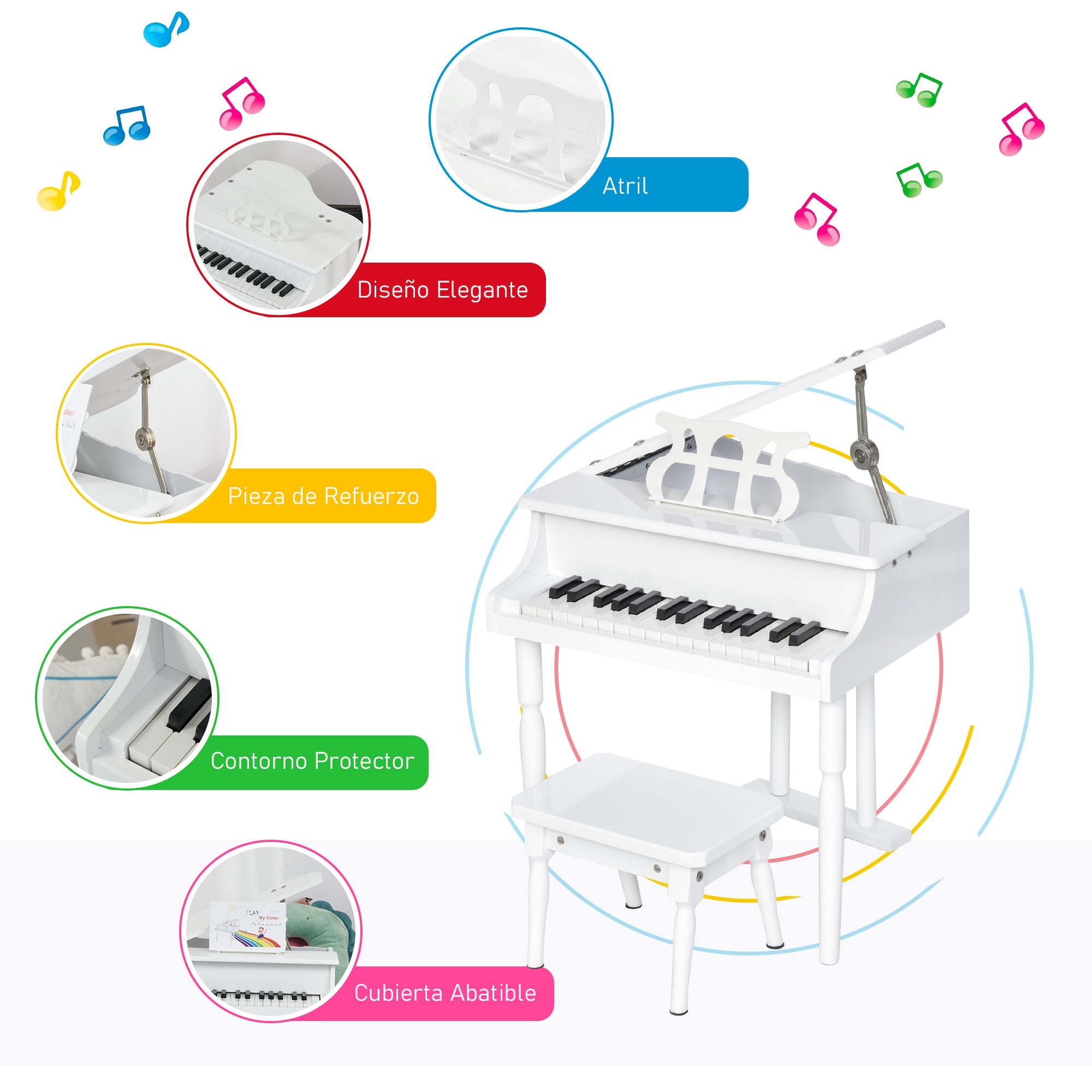 Piano de Cauda Infantil 52x50x49cm Branco - Instrumento Musical Educativo