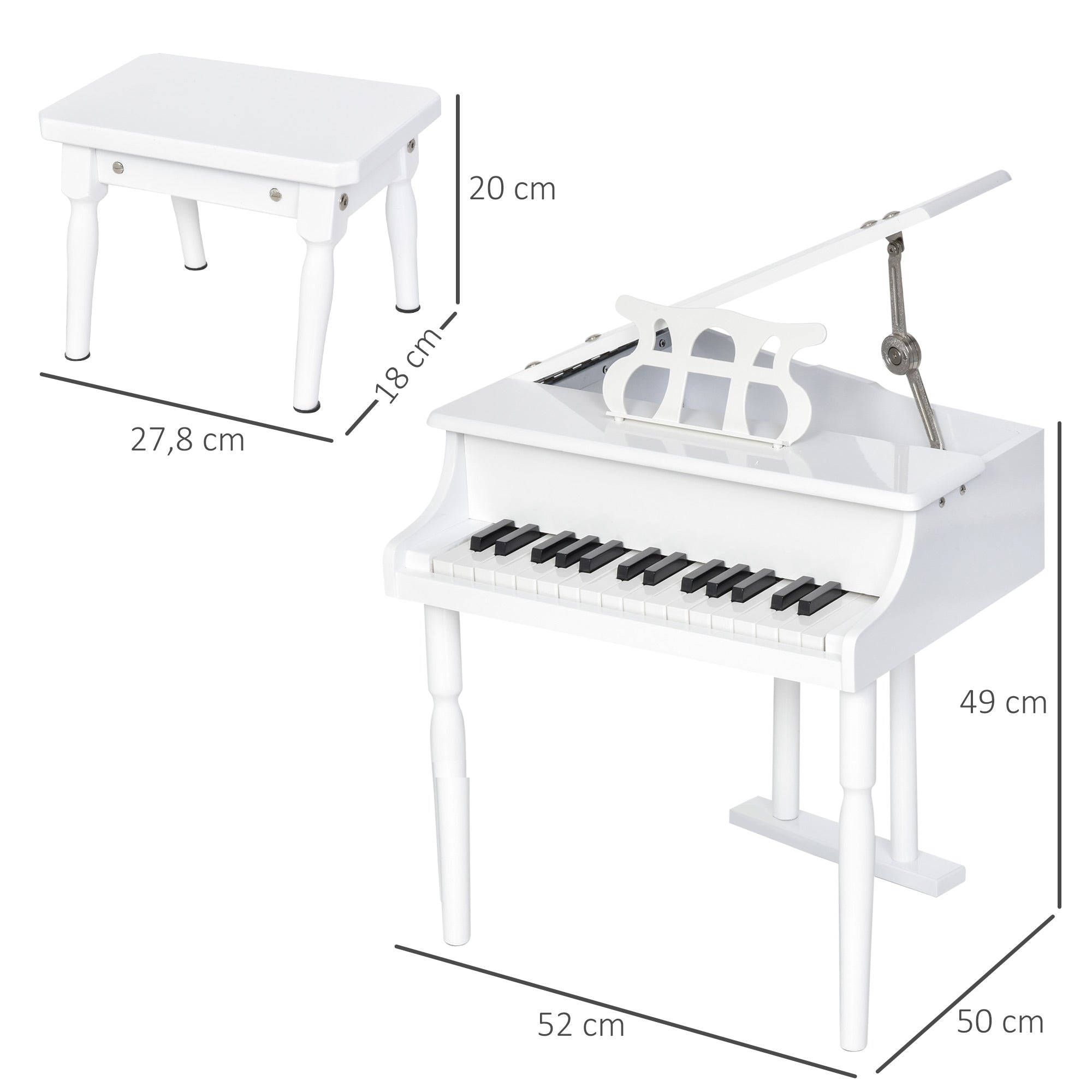Piano de Cauda Infantil 52x50x49cm Branco - Instrumento Musical Educativo