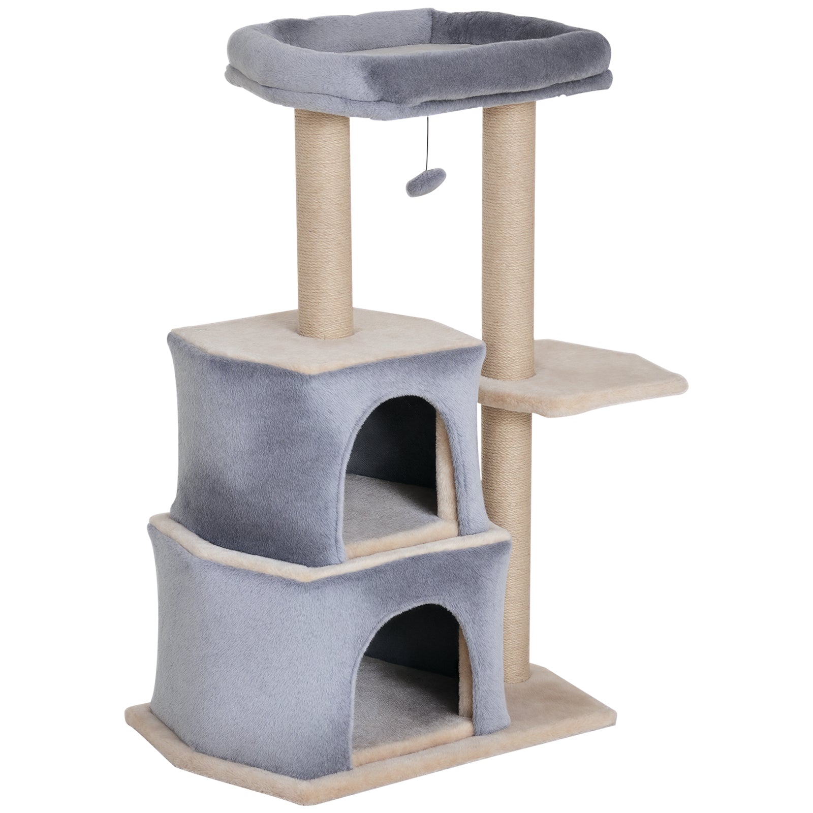 Arranhador para Gatos com 2 Casas Plataformas Brinquedo Suspenso e Postes de Arranhar 60x40x92cm Cinza