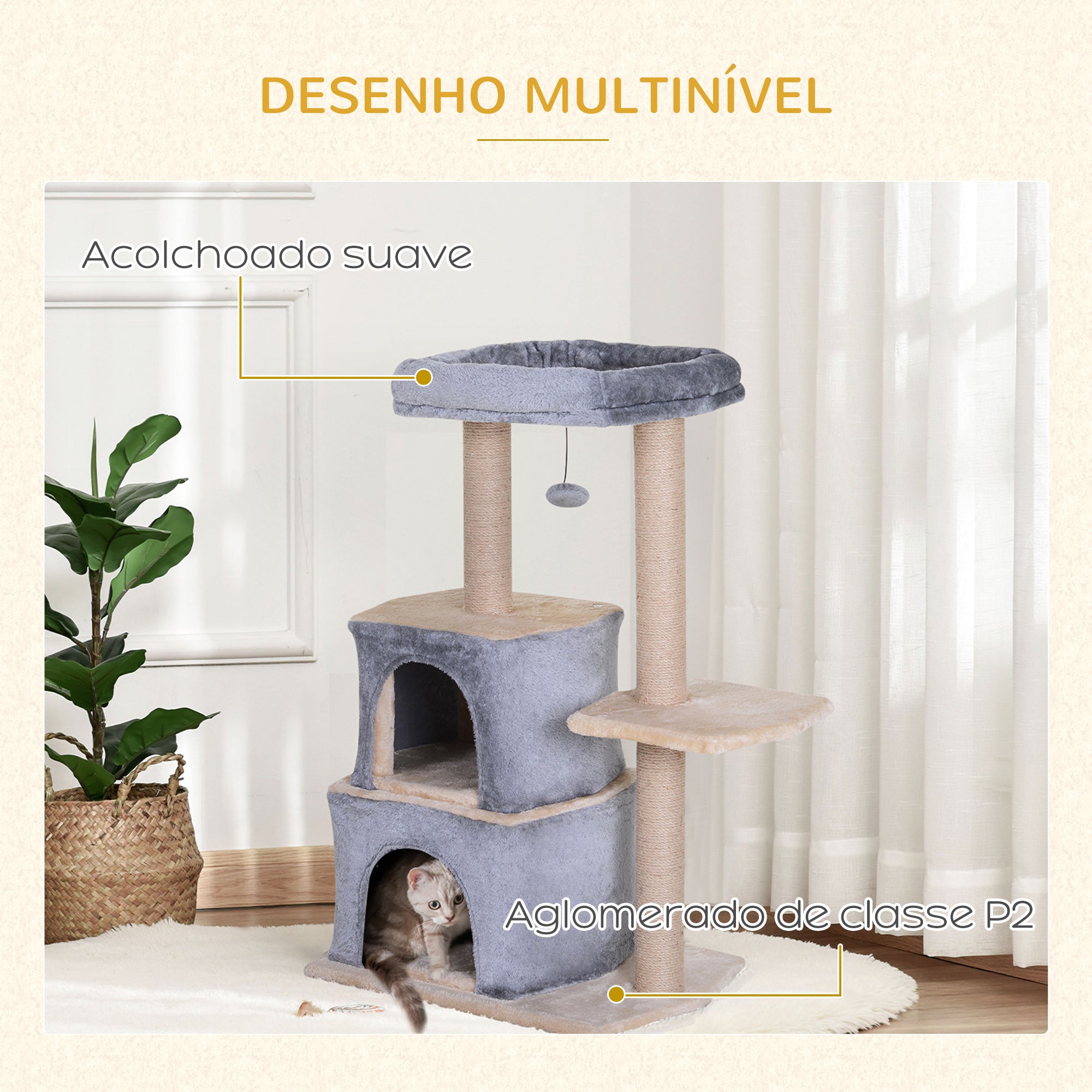 Arranhador para Gatos com 2 Casas Plataformas Brinquedo Suspenso e Postes de Arranhar 60x40x92cm Cinza