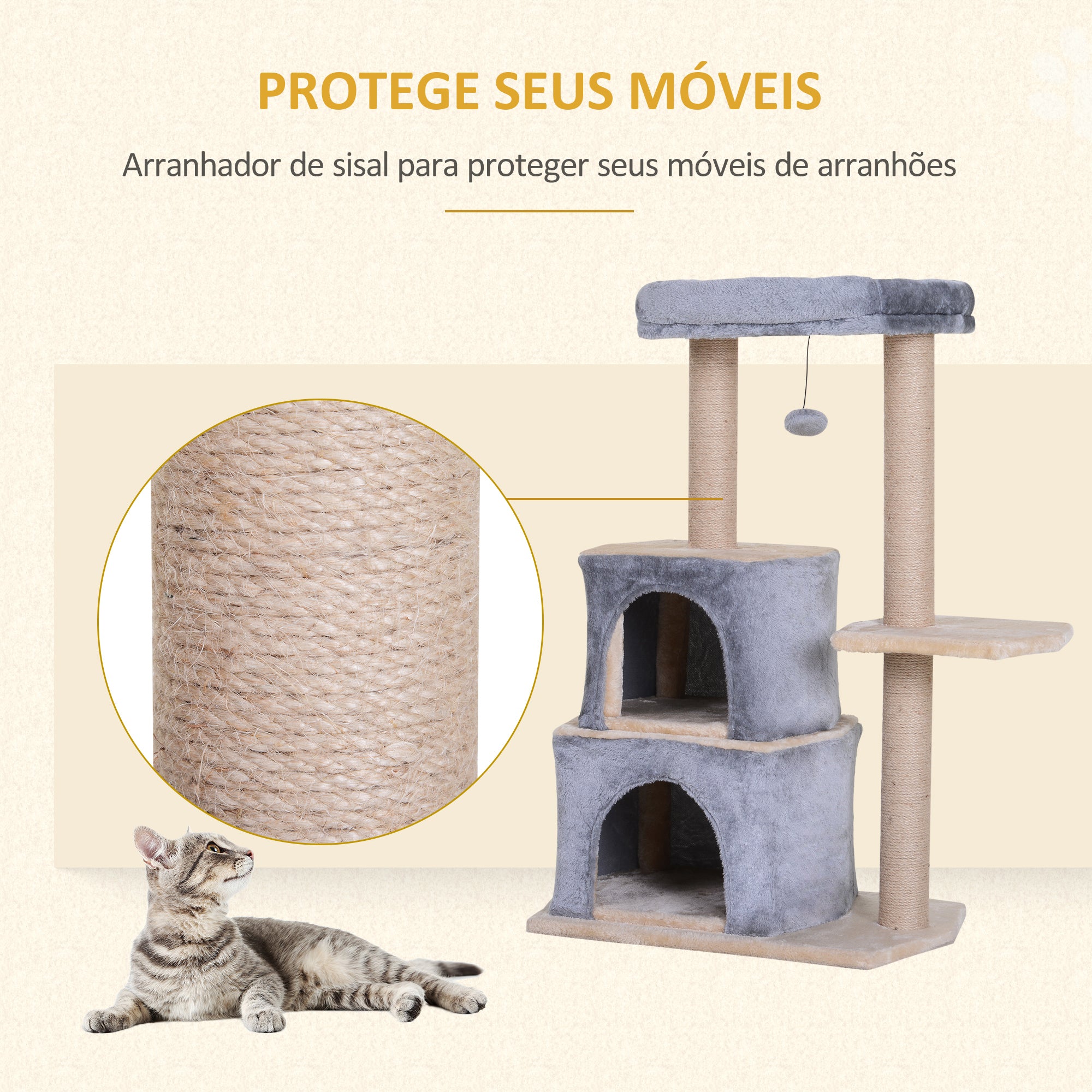 Arranhador para Gatos com 2 Casas Plataformas Brinquedo Suspenso e Postes de Arranhar 60x40x92cm Cinza