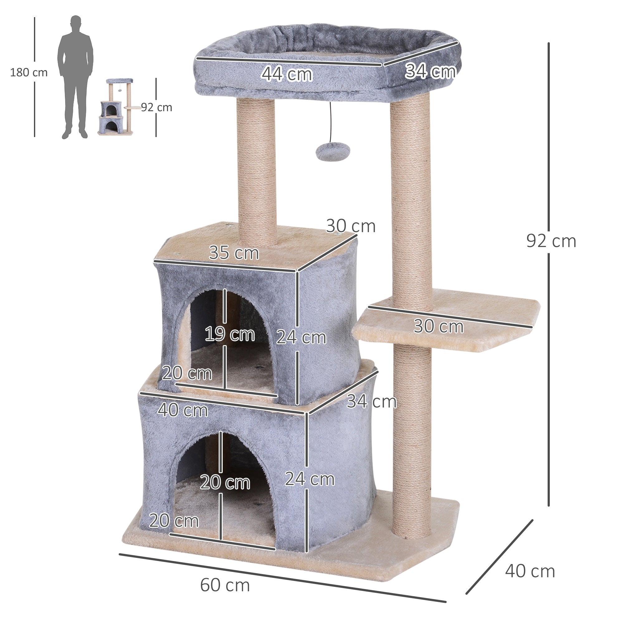Arranhador para Gatos com 2 Casas Plataformas Brinquedo Suspenso e Postes de Arranhar 60x40x92cm Cinza