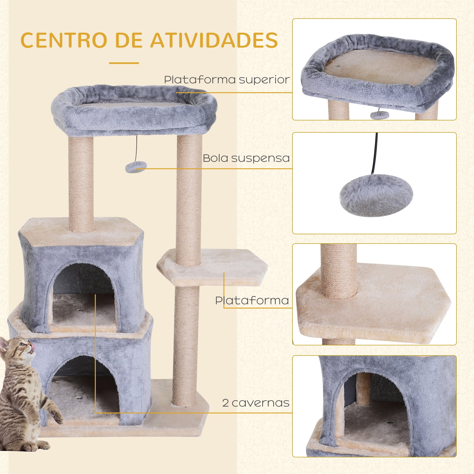 Arranhador para Gatos com 2 Casas Plataformas Brinquedo Suspenso e Postes de Arranhar 60x40x92cm Cinza