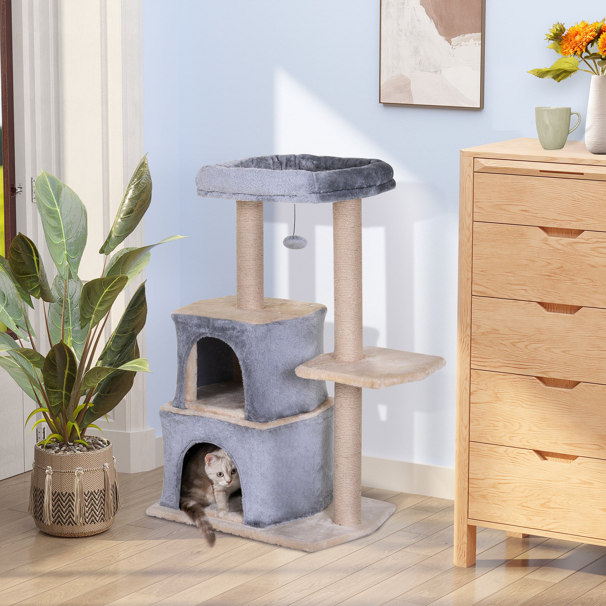 Arranhador para Gatos com 2 Casas Plataformas Brinquedo Suspenso e Postes de Arranhar 60x40x92cm Cinza