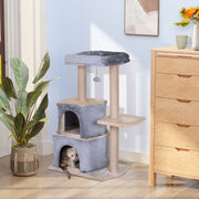 Arranhador para Gatos com 2 Casas Plataformas Brinquedo Suspenso e Postes de Arranhar 60x40x92cm Cinza