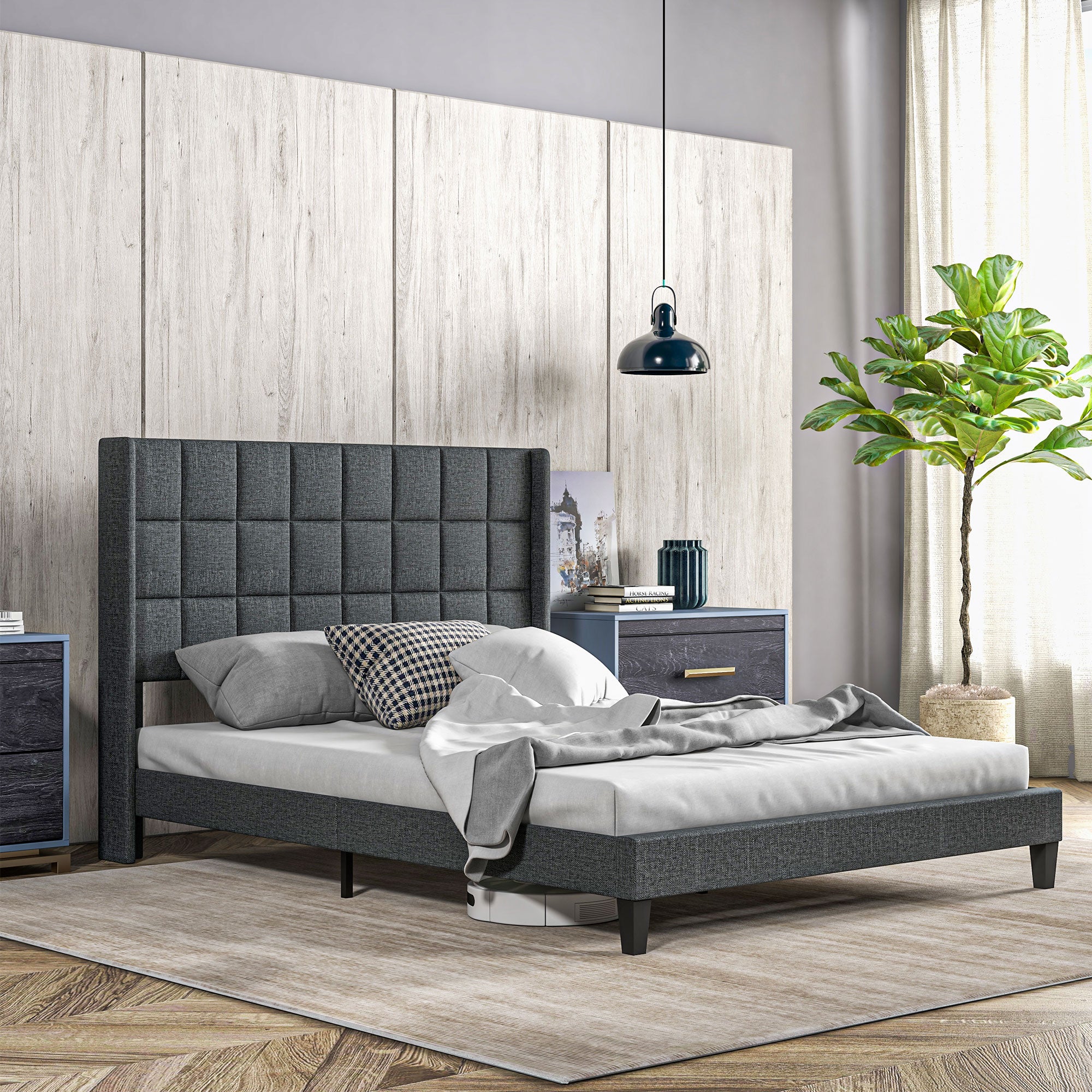 Cama de Casal 135x190cm Cinzento com Cabeceira Estofada em Linho