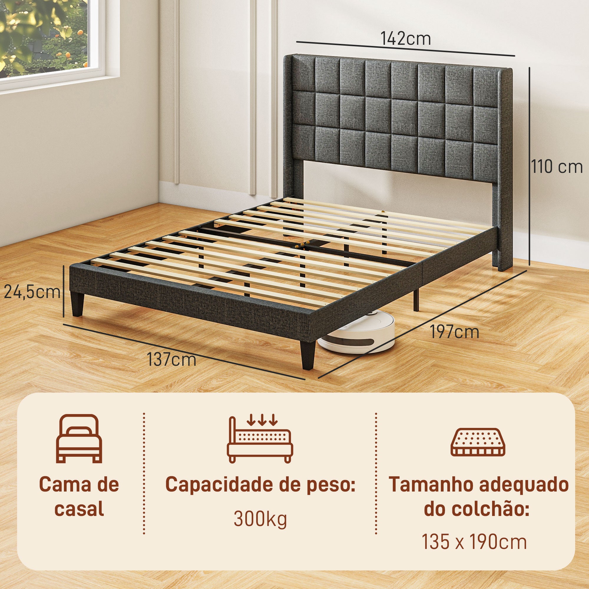 Cama de Casal 135x190cm Cinzento com Cabeceira Estofada em Linho