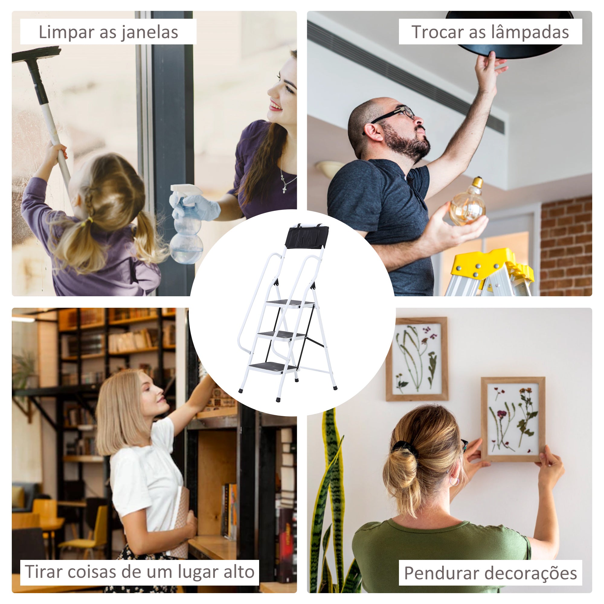 Escada Dobrável com 3 Degraus – 51x66x131 cm – Branco e Preto – Aço