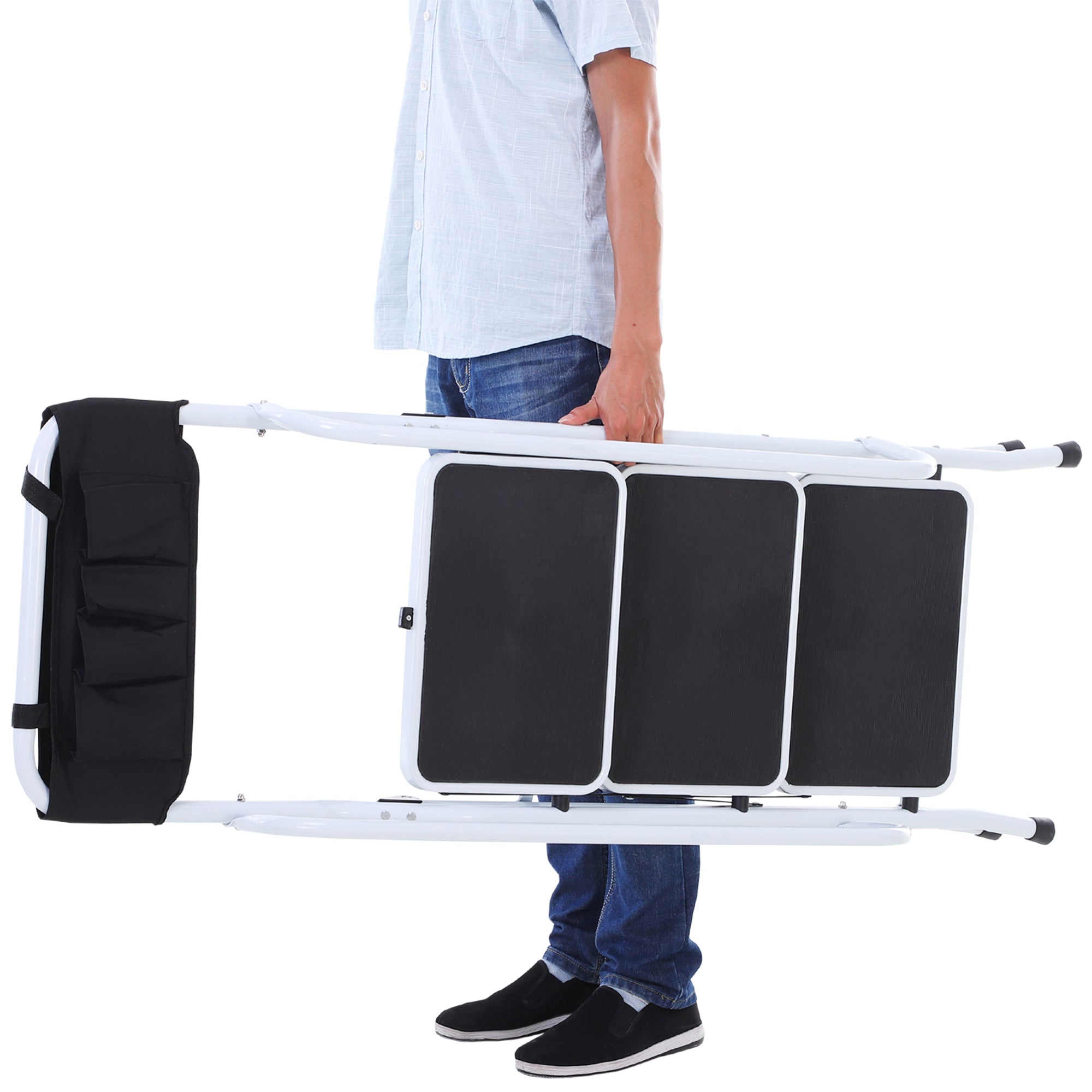 Escada Dobrável com 3 Degraus – 51x66x131 cm – Branco e Preto – Aço