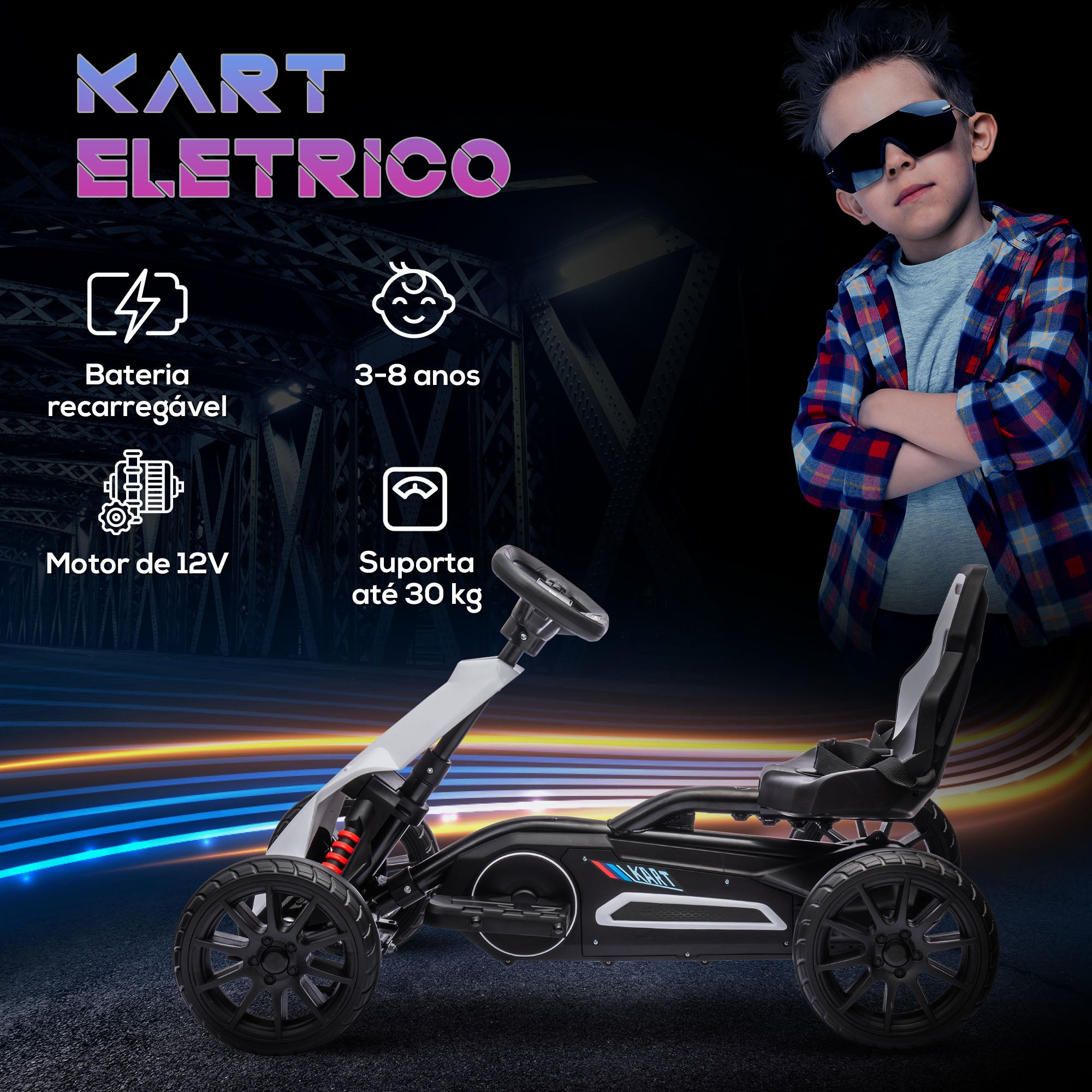 Kart Elétrico para Crianças – 100x58x58,5 cm – Branco – Polipropileno, metal e EVA