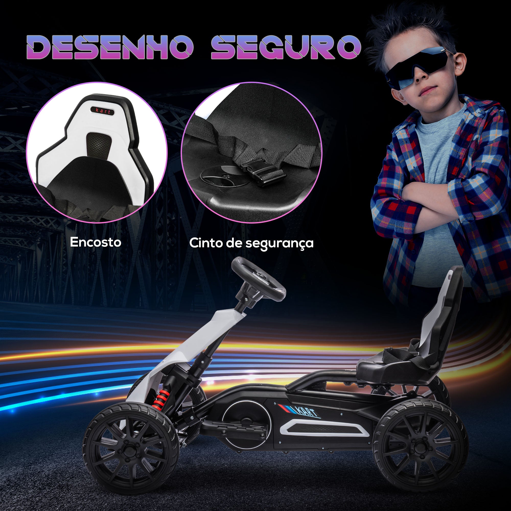 Kart Elétrico para Crianças – 100x58x58,5 cm – Branco – Polipropileno, metal e EVA
