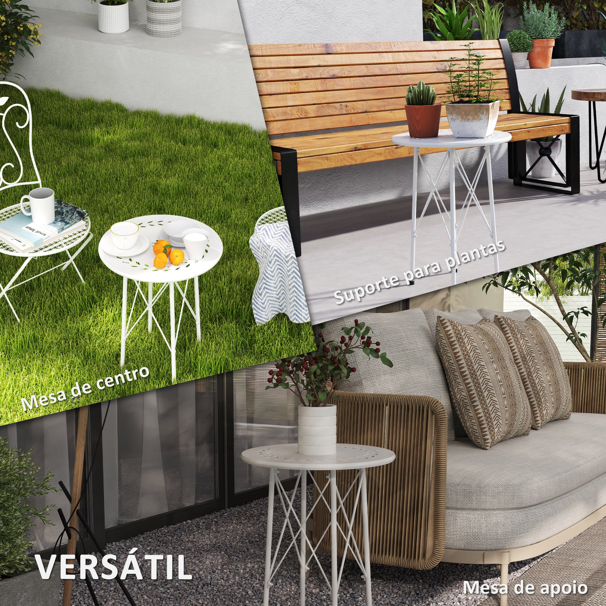 Mesa de Jardim Redonda Branca Ø40x50 cm com Pés Ajustáveis