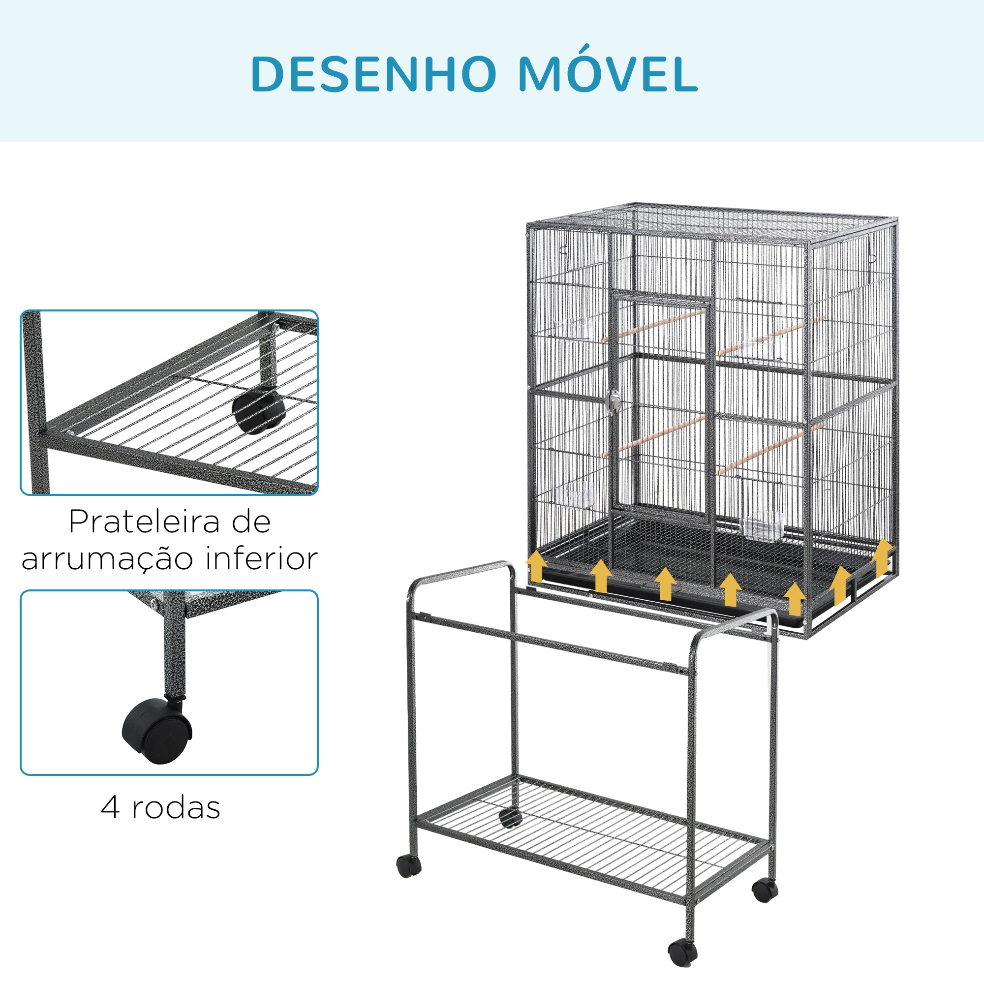 Gaiola para Pássaros com Rodas – 81x48x162,5 cm – Cor Preto – Metal