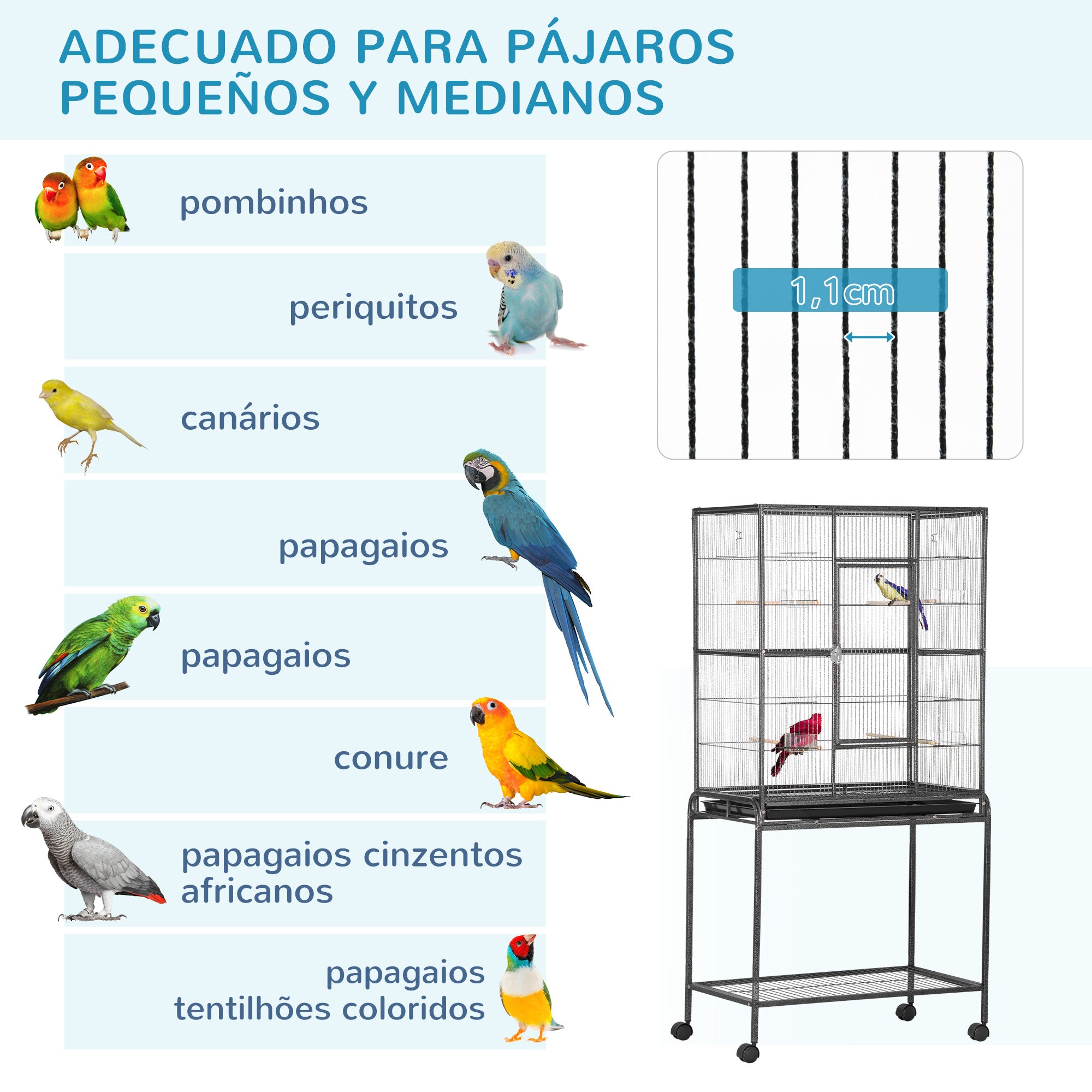 Gaiola para Pássaros com Rodas – 81x48x162,5 cm – Cor Preto – Metal
