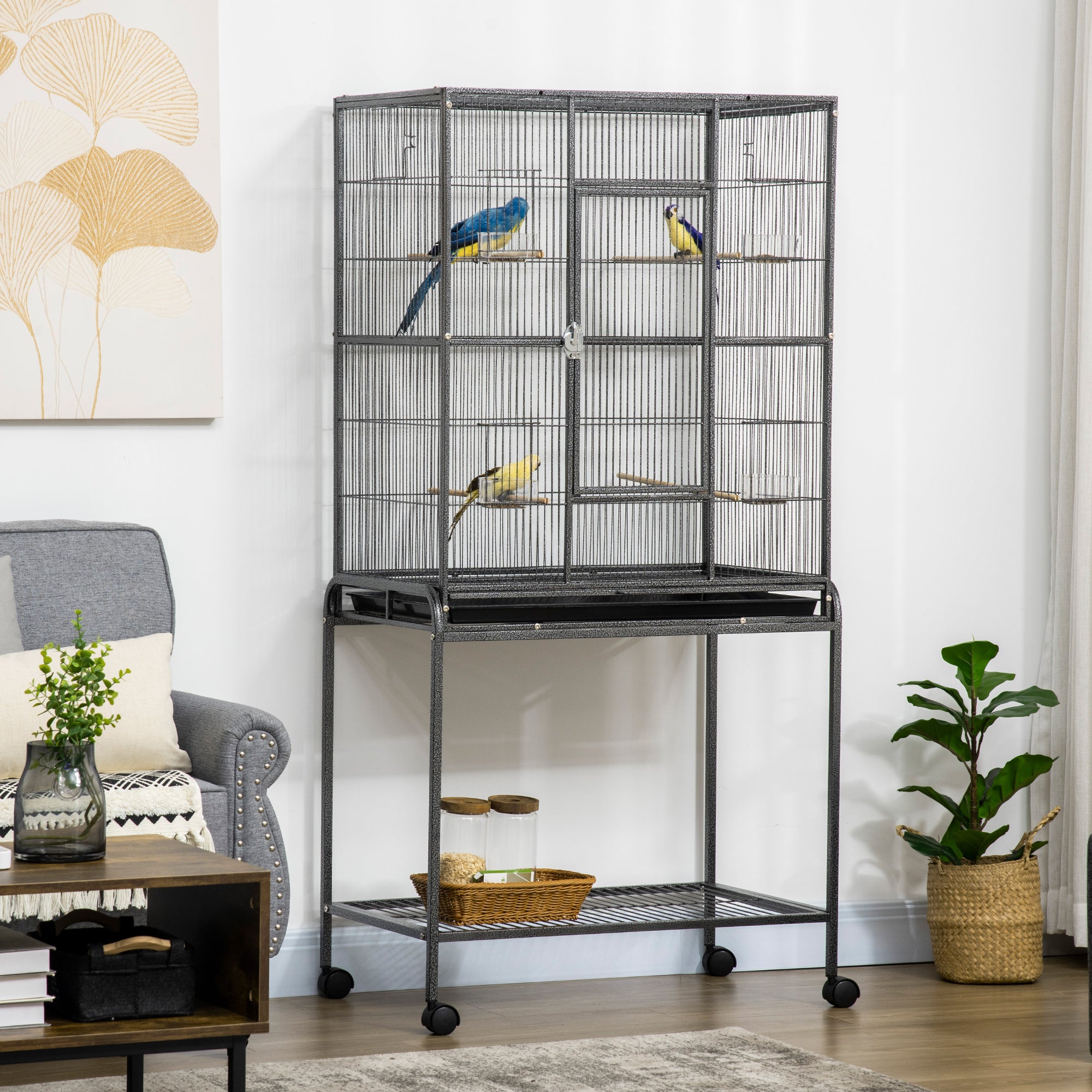Gaiola para Pássaros com Rodas – 81x48x162,5 cm – Cor Preto – Metal