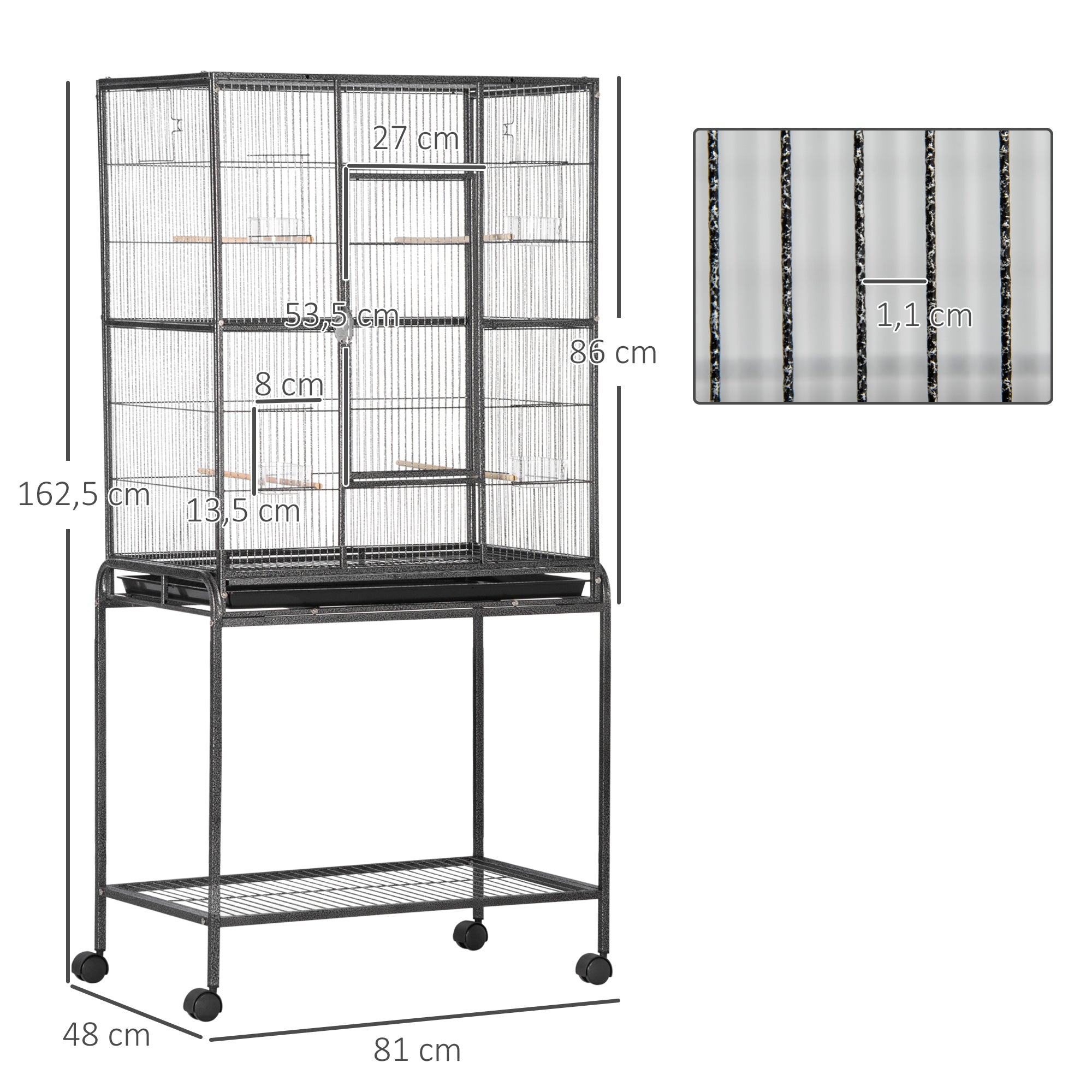 Gaiola para Pássaros com Rodas – 81x48x162,5 cm – Cor Preto – Metal