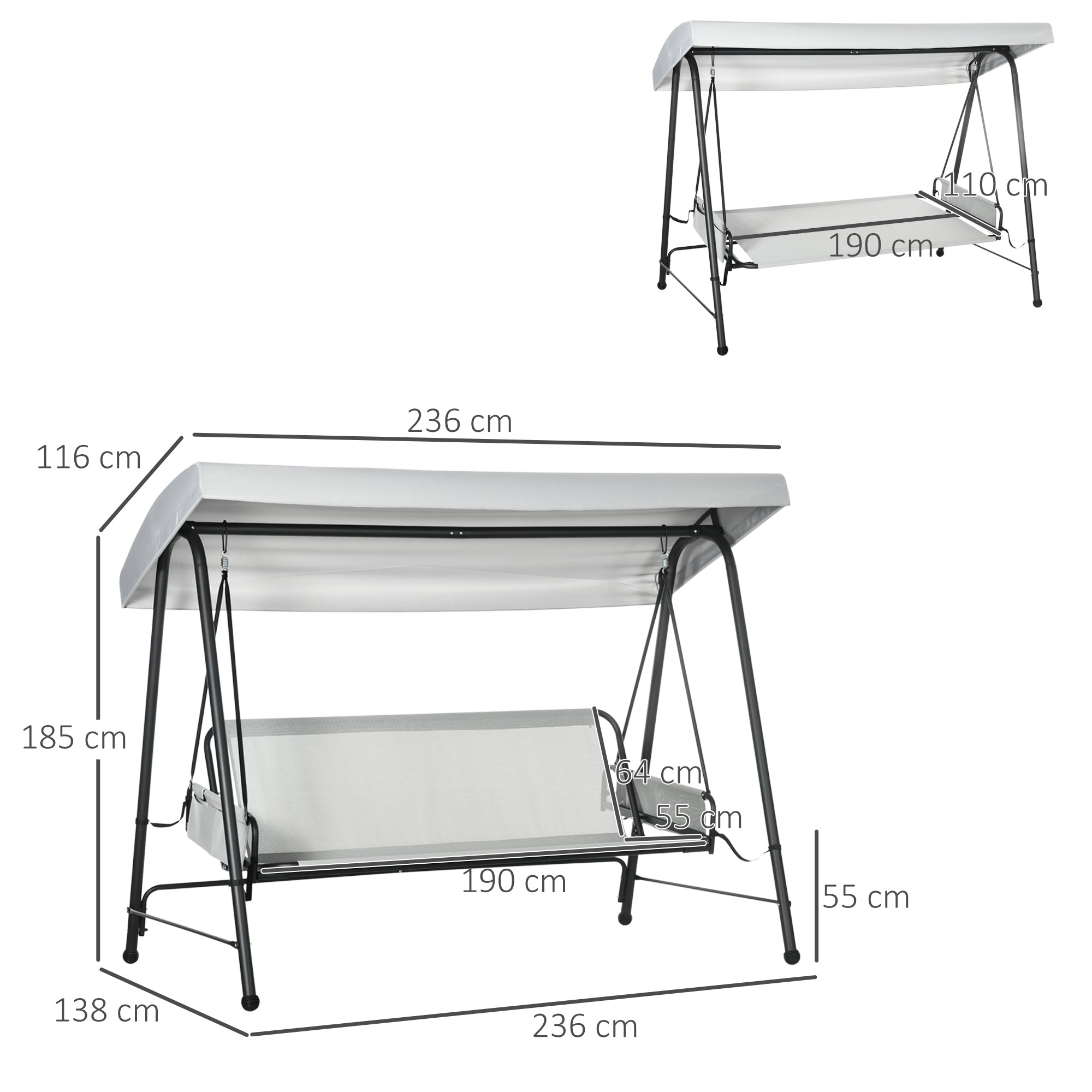 Baloiço de Jardim 3 Lugares Conversível em Cama 236x138x185 cm Cinza