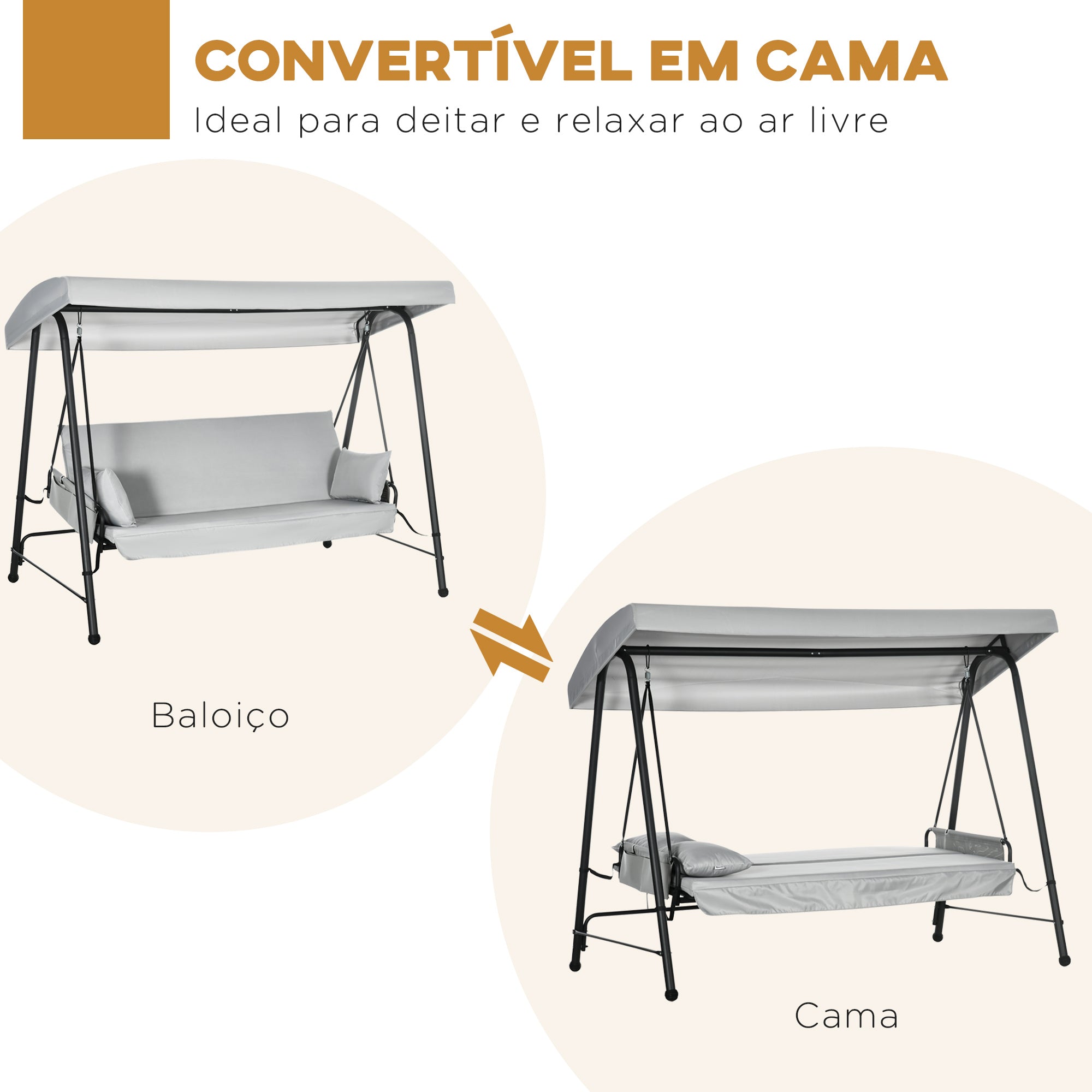 Baloiço de Jardim 3 Lugares Conversível em Cama 236x138x185 cm Cinza