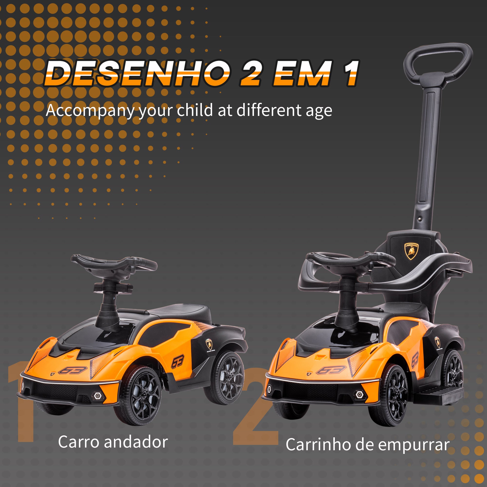 Carro Andador Infantil 2 em 1 Laranja 86,5x40x89,5cm