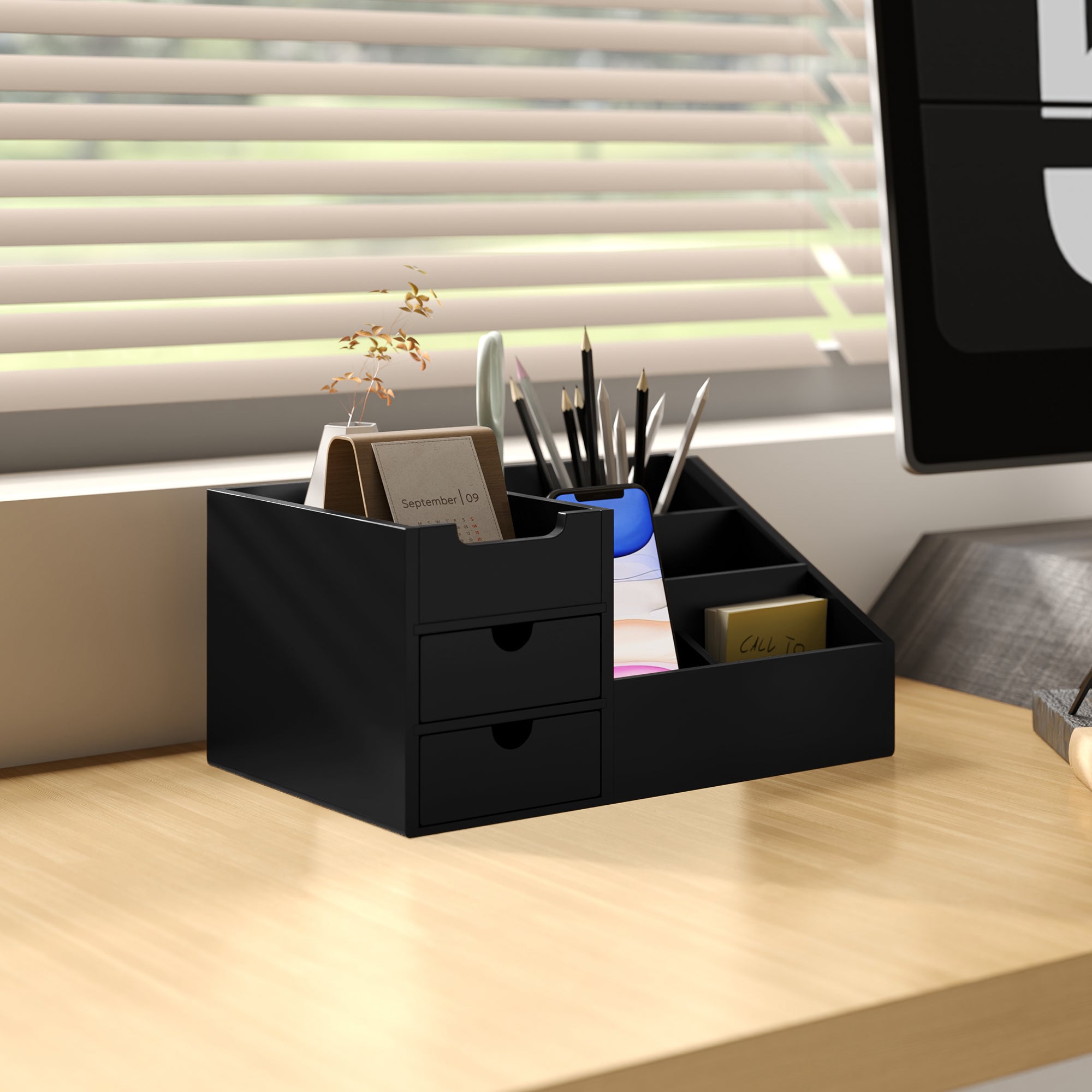 Organizador de Mesa de Escritório Bambu 33x20,5x15,5 cm - Preto