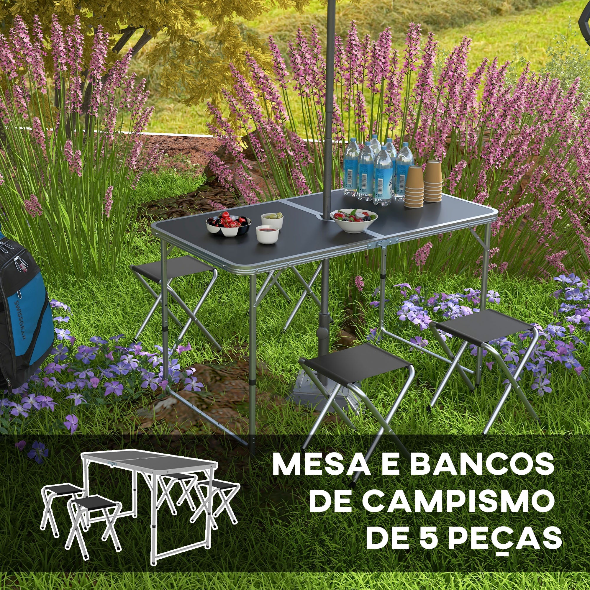 Conjunto de Campismo Mesa Dobrável 120x60x55-70 cm - Cor Preto
