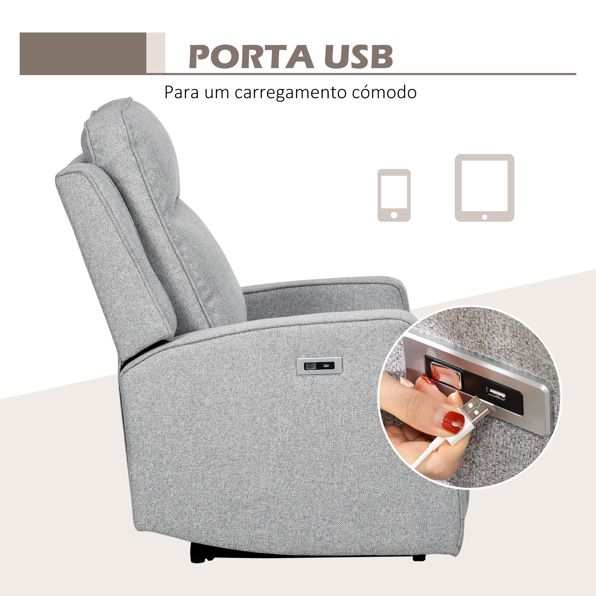 Poltrona Reclinável Elétrica Cinza Claro 84x92x104 cm