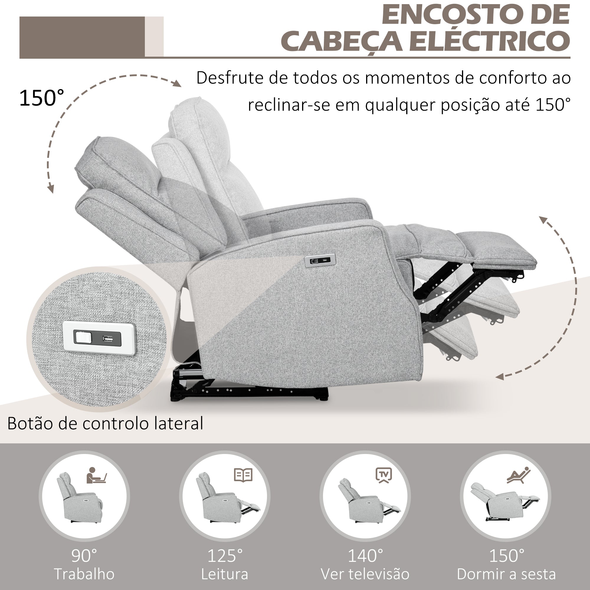 Poltrona Reclinável Elétrica Cinza Claro 84x92x104 cm