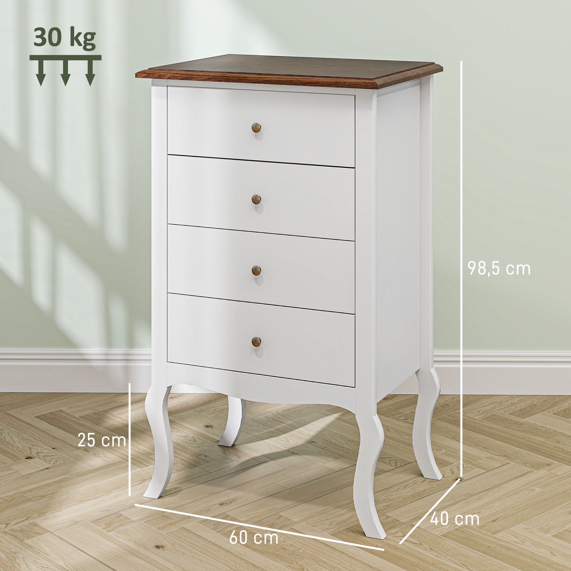 Cómoda Elegante Branca com 4 Gavetas - 60x40x98,5 cm